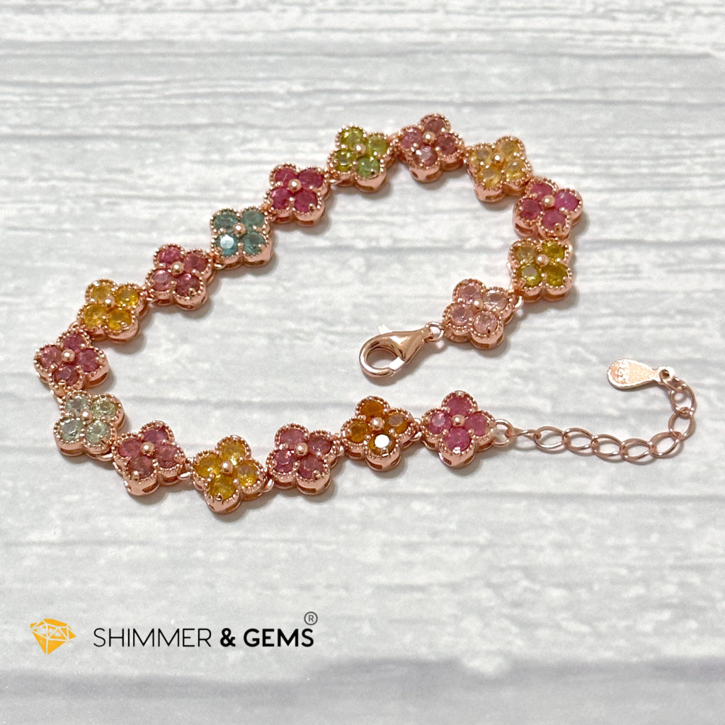 Four-Leaf Clover Mixed Tourmaline Bangle Bracelet (925 Silver Rose Gold)