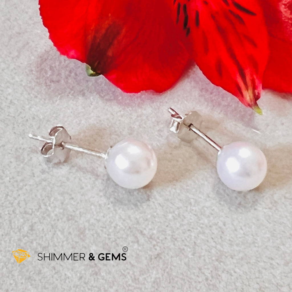 Freshwater Pearl 6Mm Round Earrings 925 Silver (Aa Grade)