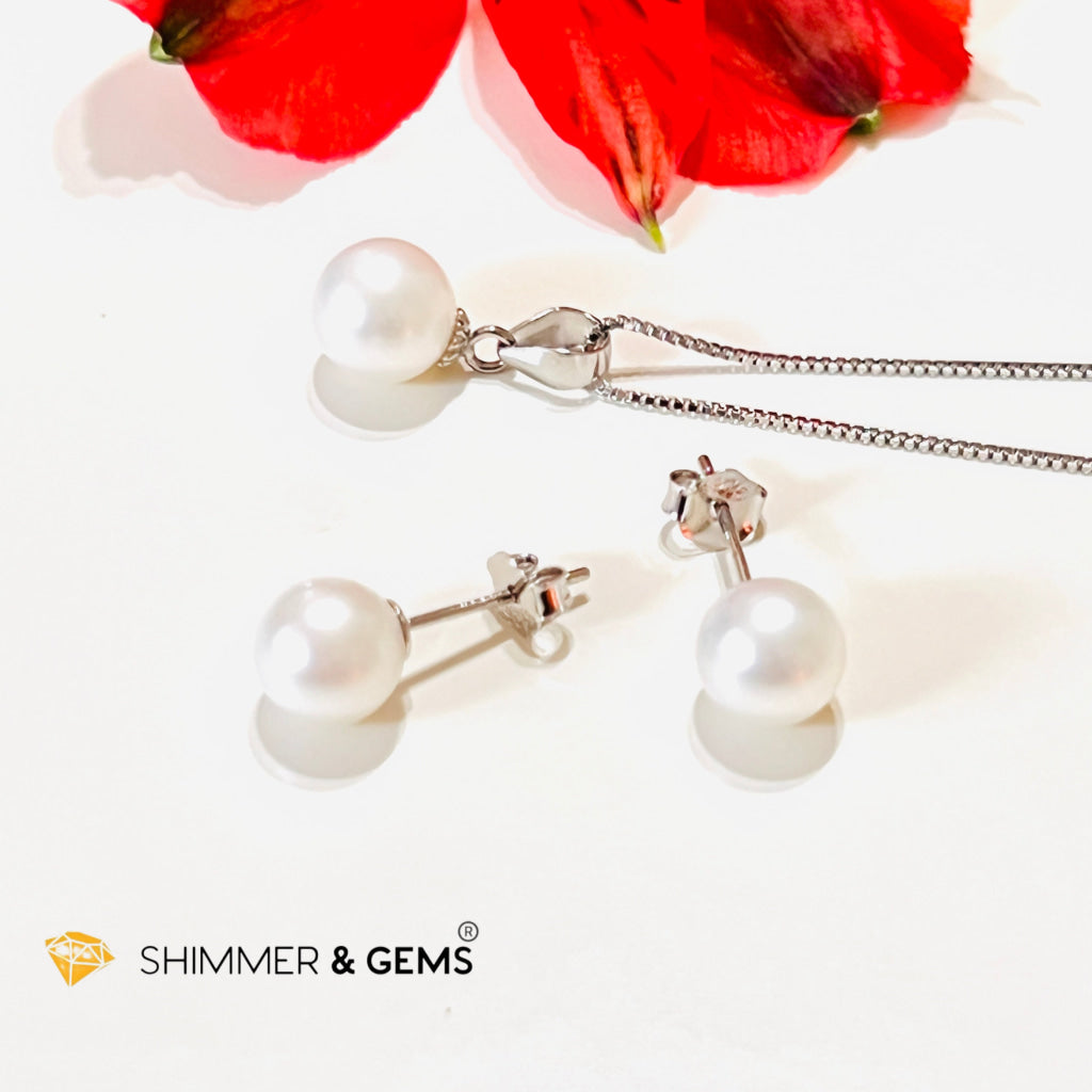 Freshwater Pearl Stud Earrings & Pendant With 925 Silver Chain Set