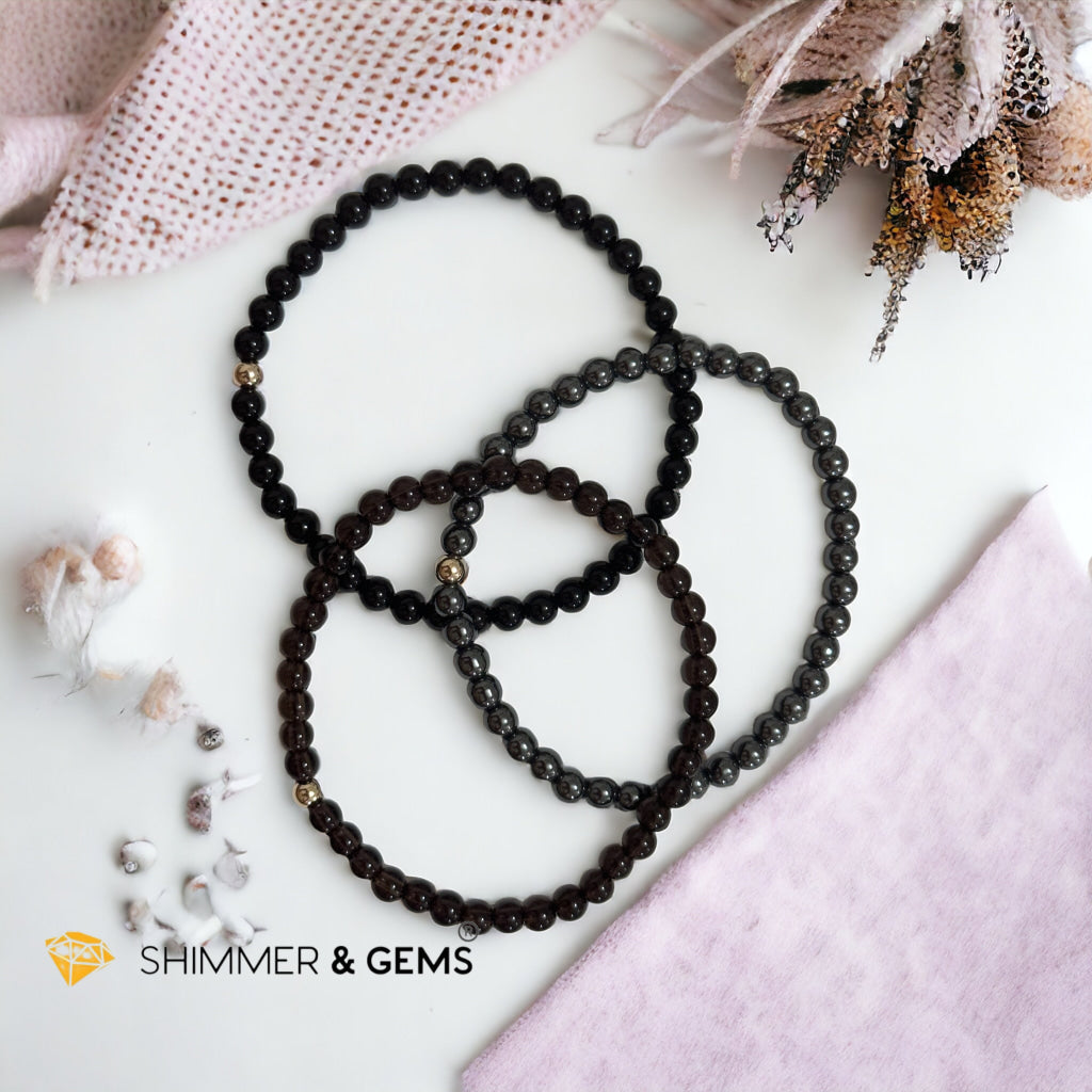 Ghost Month Protection Bundle Bracelets (4mm Onyx, Hematite & Smoky Quartz) with 14k gold filled @35% OFF