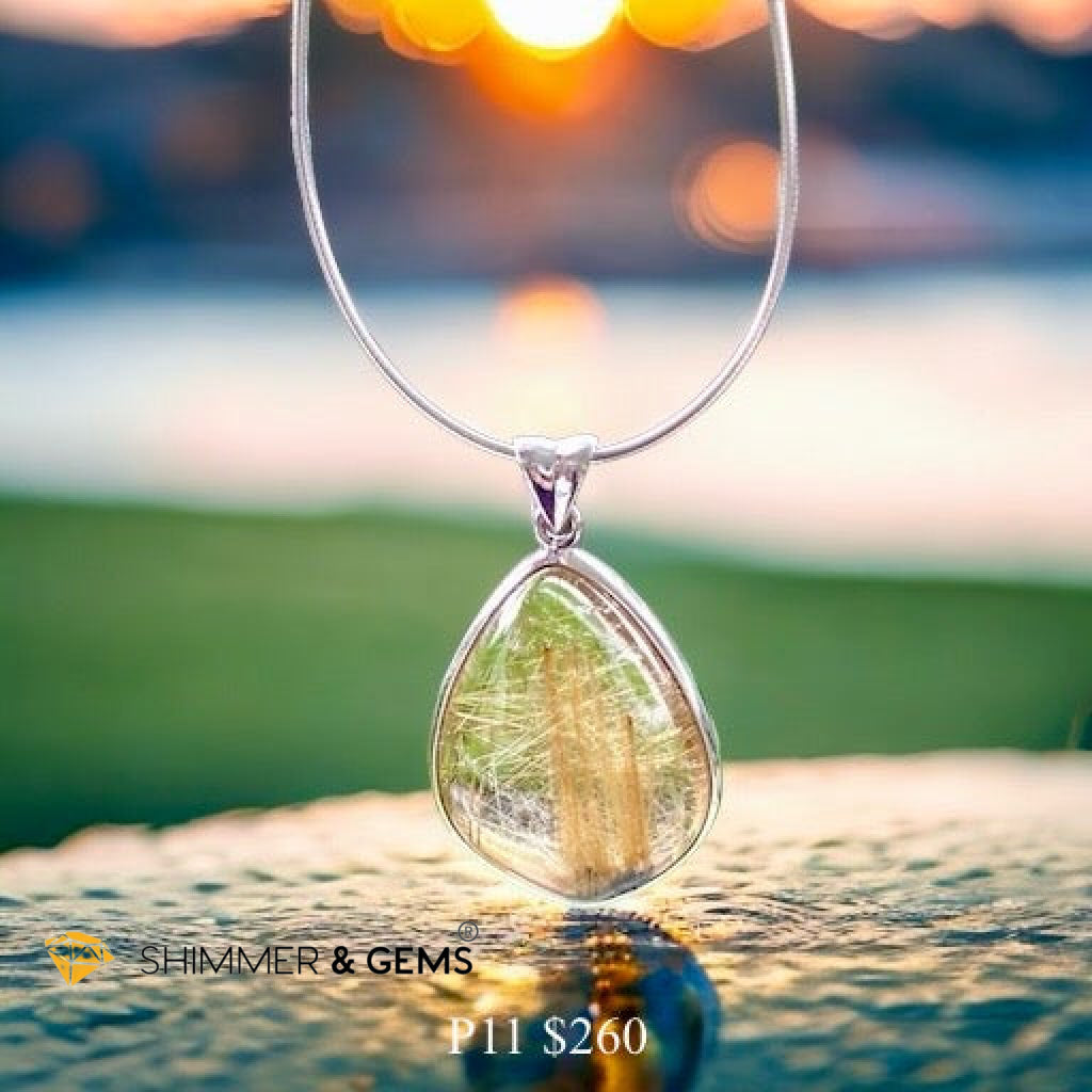 Golden Rutilated Clear Quartz 925 Silver Pendant (AAA Grade)