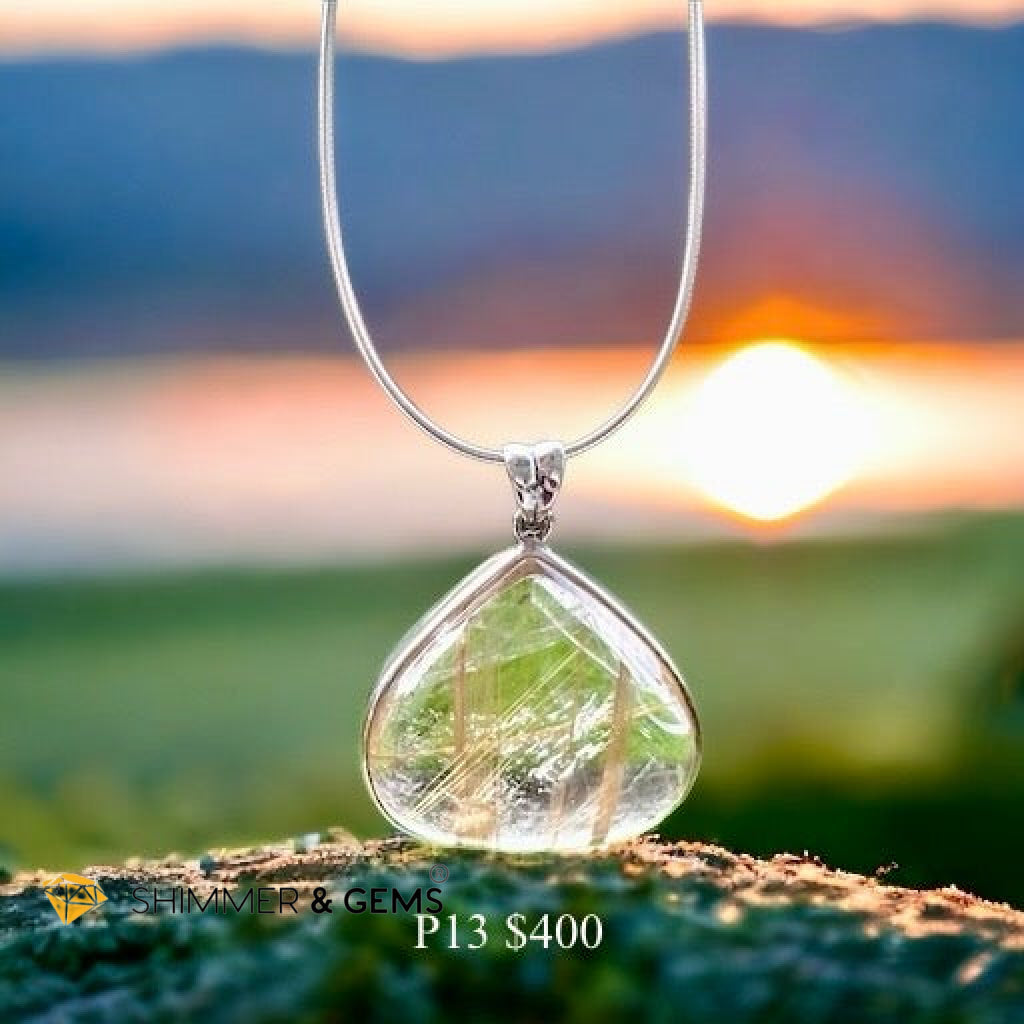 Golden Rutilated Clear Quartz 925 Silver Pendant (AAA Grade)