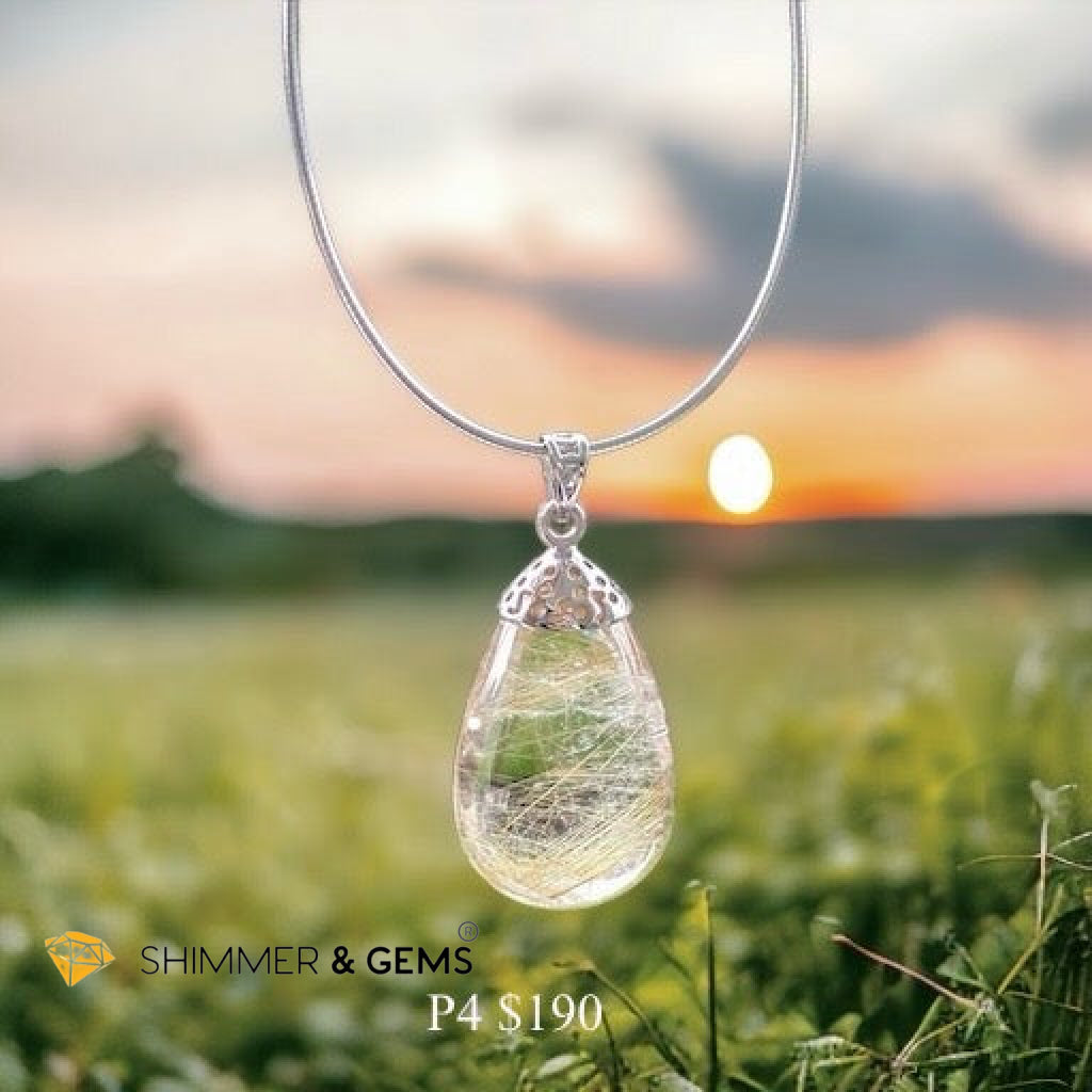 Golden Rutilated Clear Quartz 925 Silver Pendant (AAA Grade)