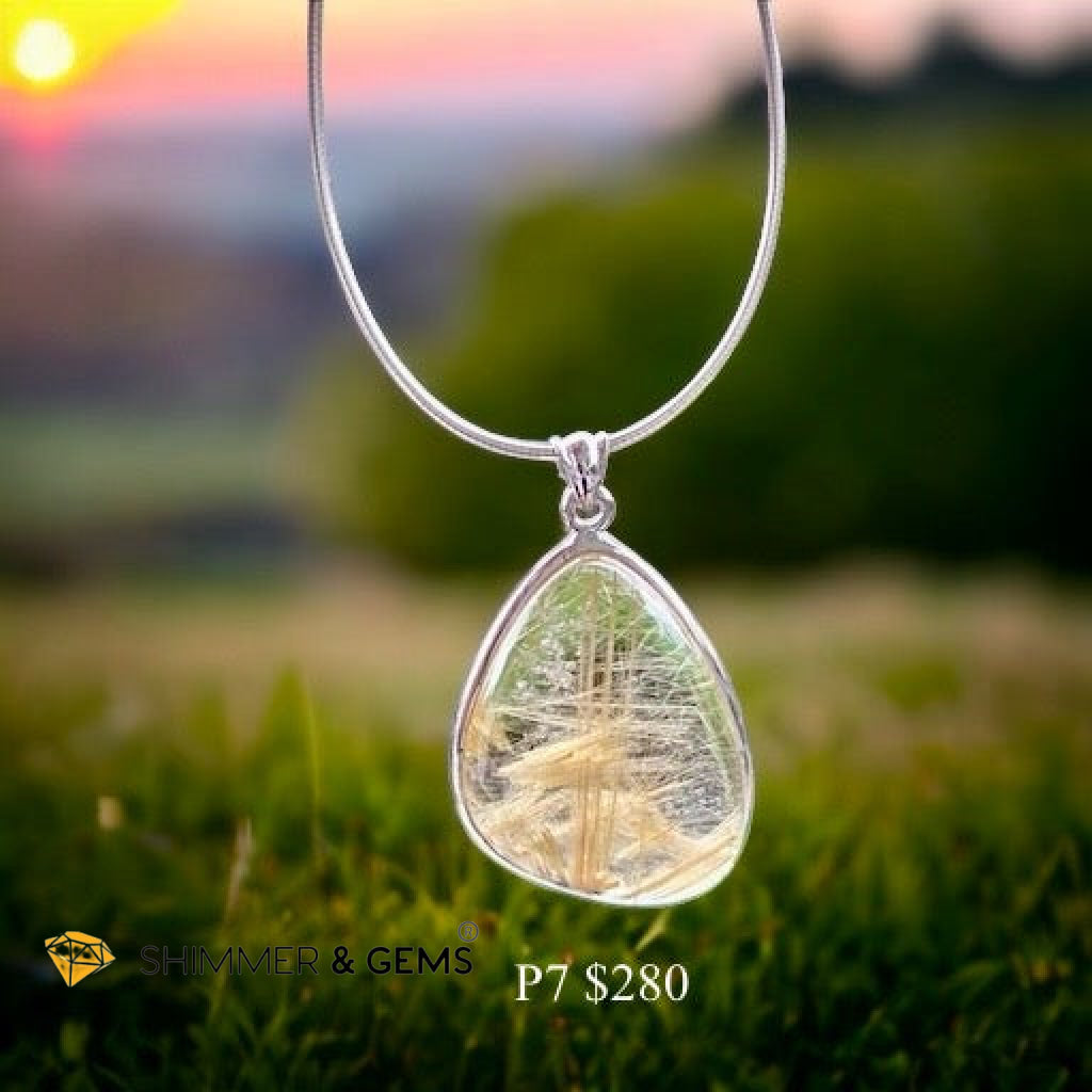 Golden Rutilated Clear Quartz 925 Silver Pendant (AAA Grade)