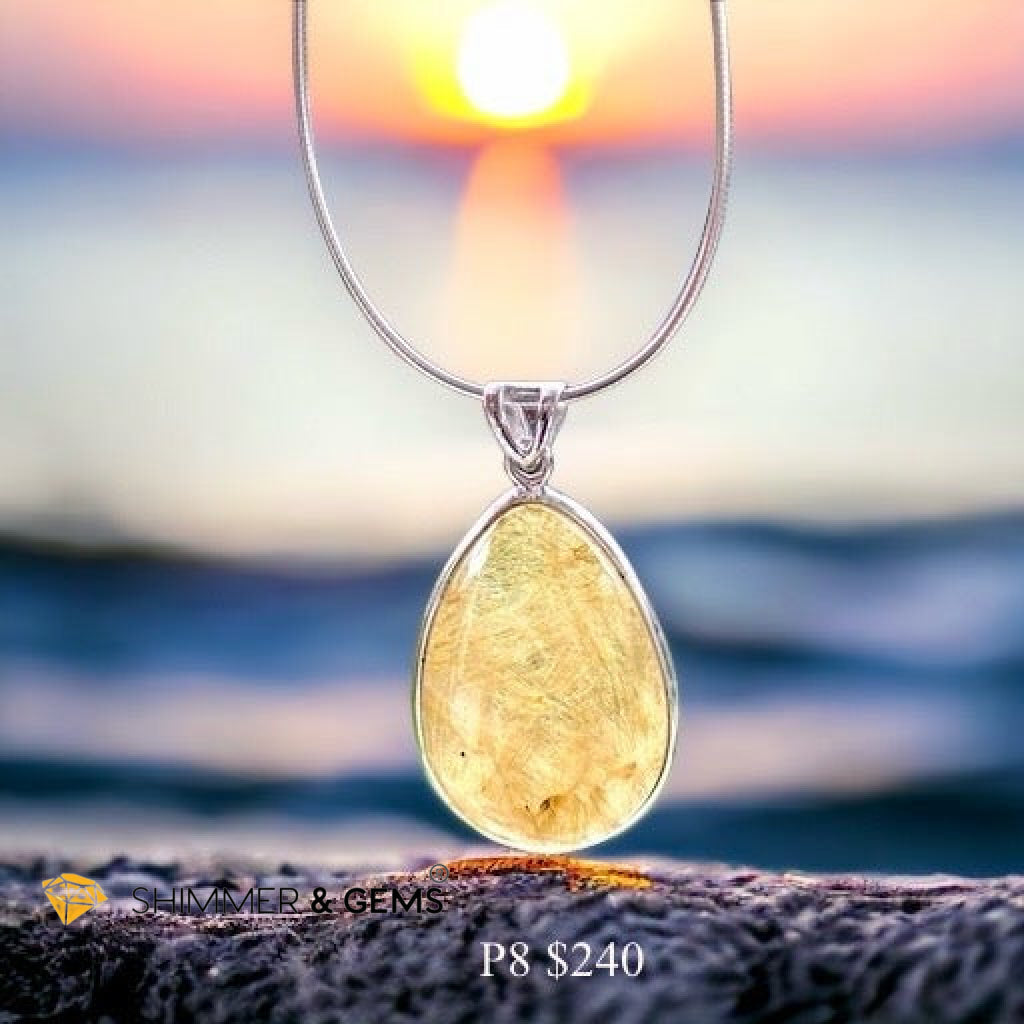 Golden Rutilated Clear Quartz 925 Silver Pendant (AAA Grade)