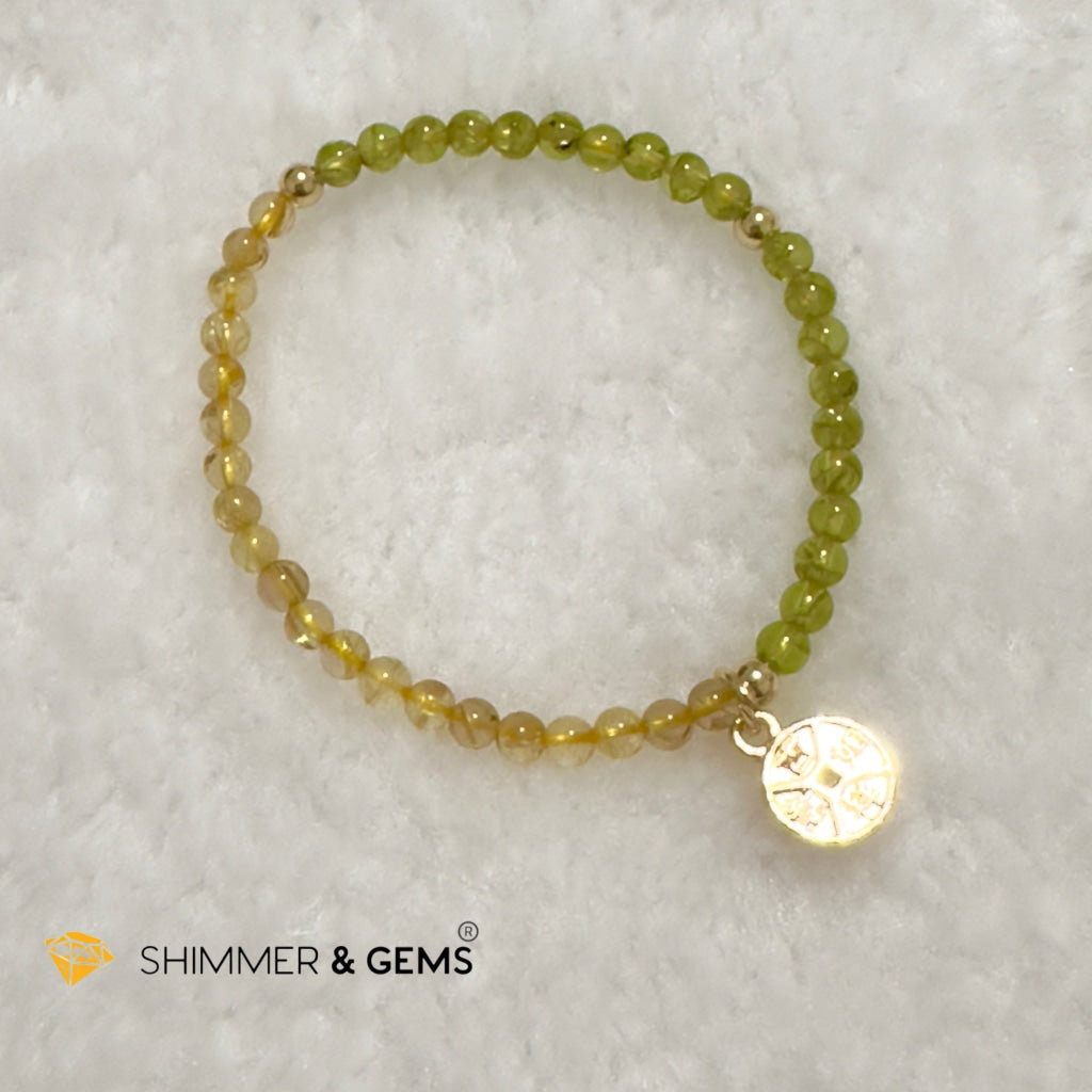 Golden Rutilated & Peridot (4mm) with Lucky Coin Bracelet Plus 14k Gold Filled Beads