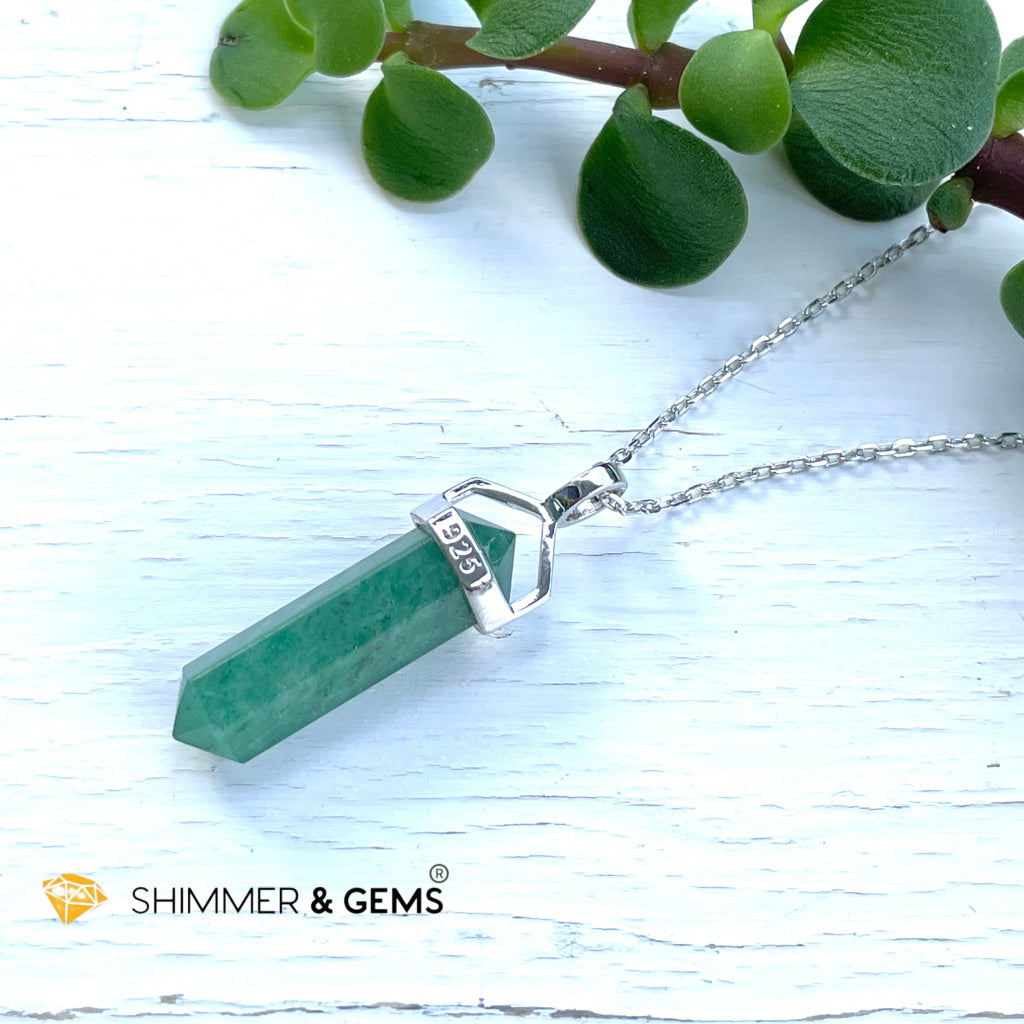Green Aventurine Double Pointer Pendant 925 Silver (For Luck) 22Mm With Necklace Charms & Pendants