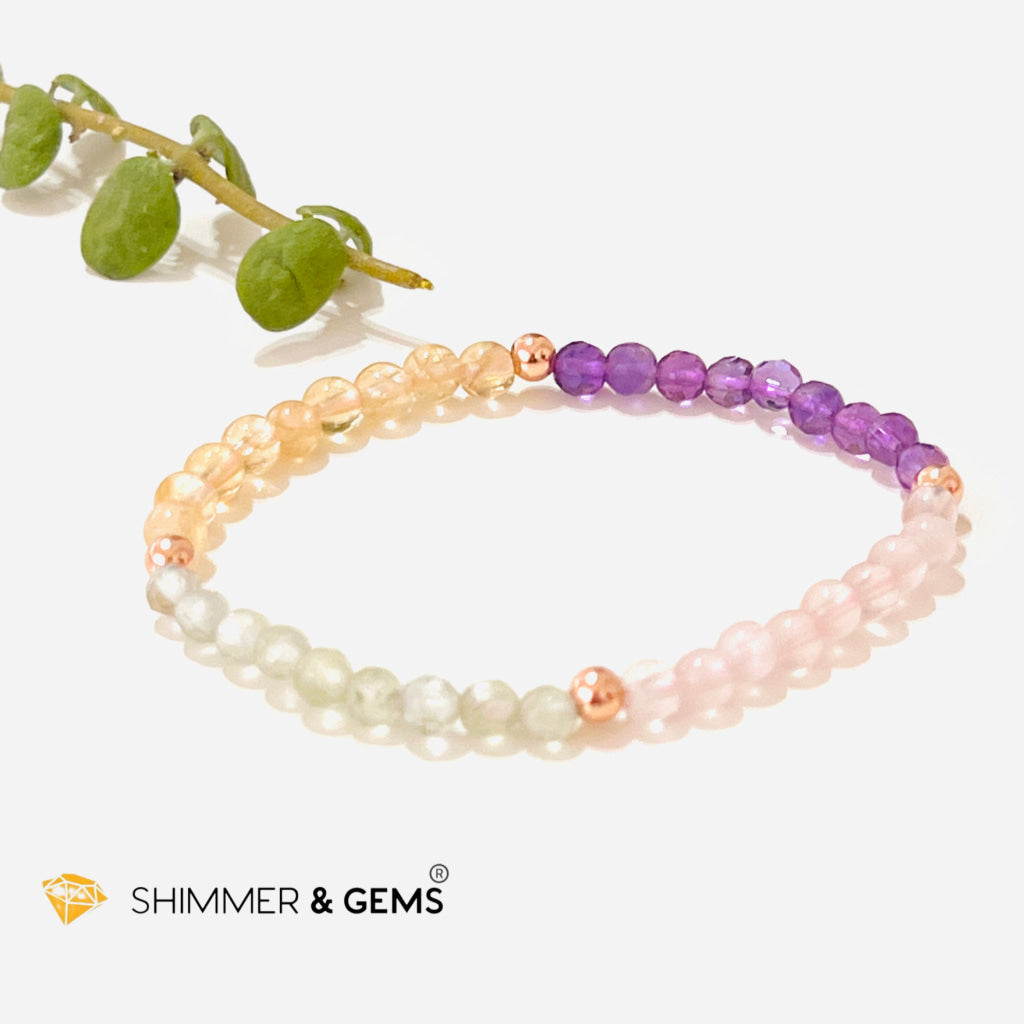 Happiness Health Wealth & Love 4Mm Healing Bracelet (Prehnite Amethyst Citrine Rose Quartz) 5.5
