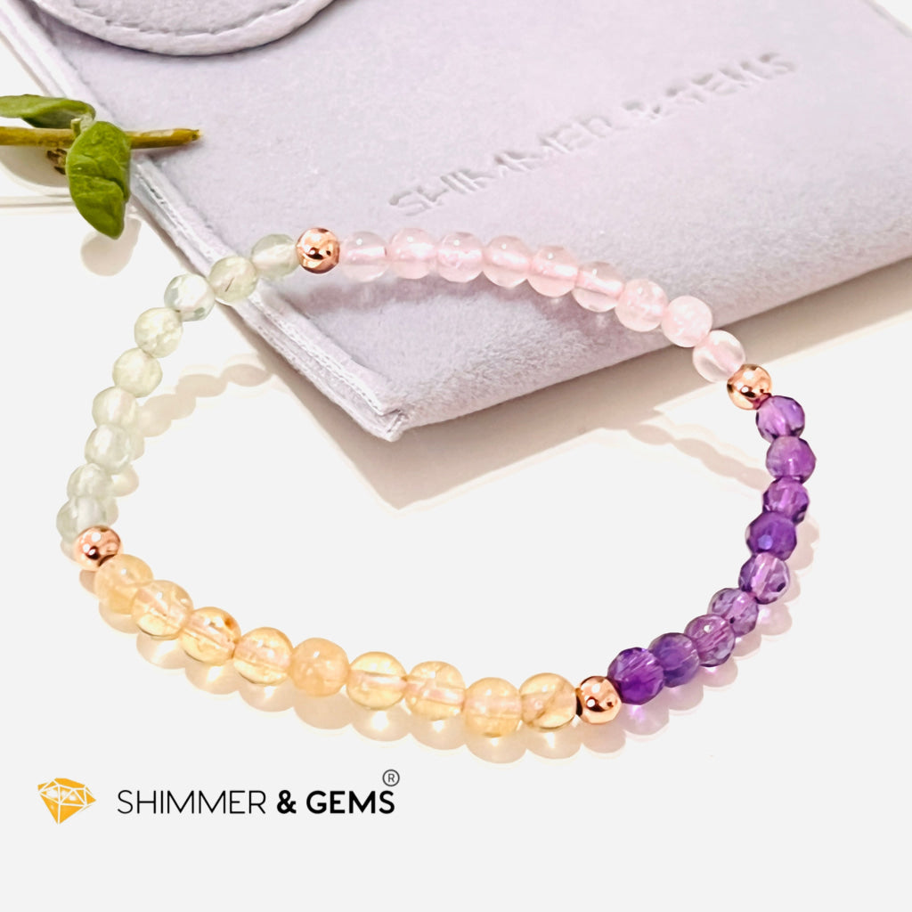 Happiness Health Wealth & Love 4Mm Healing Bracelet (Prehnite Amethyst Citrine Rose Quartz)