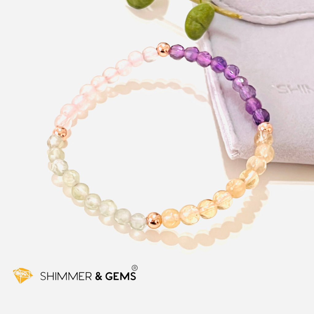 Happiness Health Wealth & Love 4Mm Healing Bracelet (Prehnite Amethyst Citrine Rose Quartz)