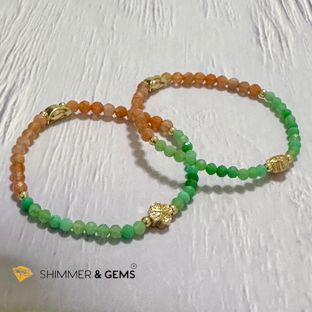 Happy Mood Lucky Bracelet (Sunstone & Chrysoprase 4mm Faceted with 14k Gold Plated Ingot & Clover Charms)