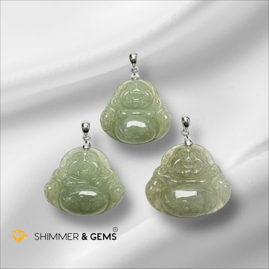 Jadeite Laughing Buddha Pendant 25mm 925 Silver (Myanmar) Encoded & Activated