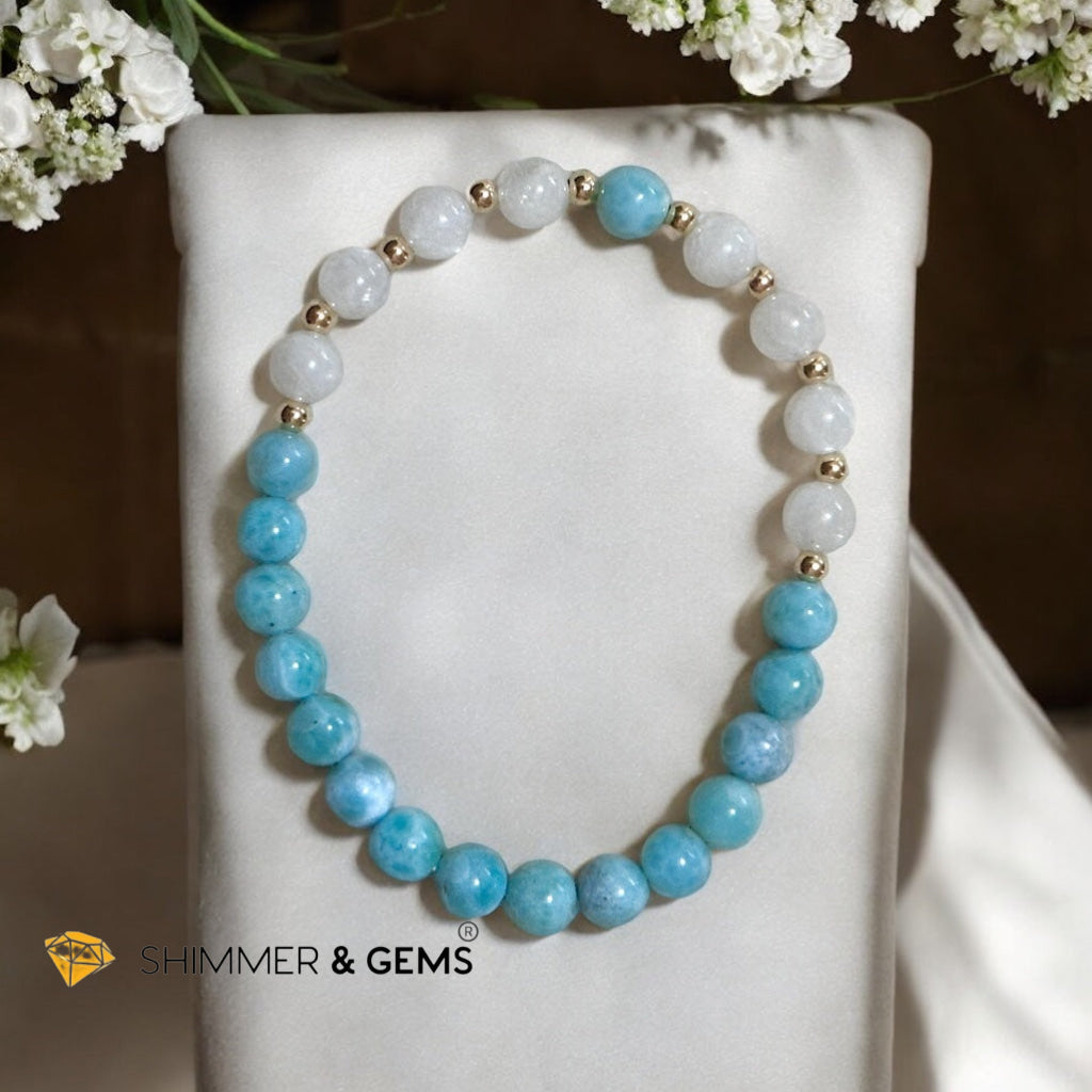 Larimar & Moonstone 6mm Bracelet with 14k gold filled (AAA Grade)