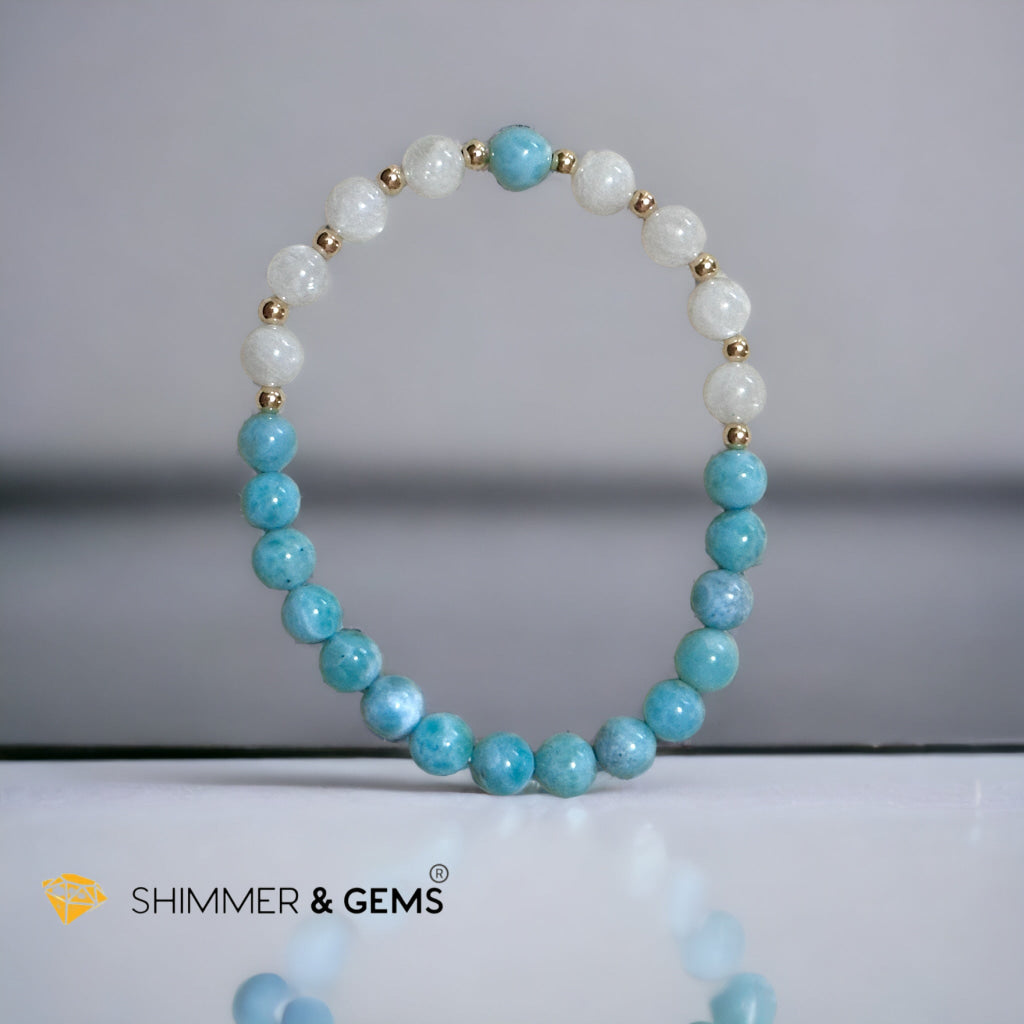 Larimar & Moonstone 6mm Bracelet with 14k gold filled (AAA Grade)