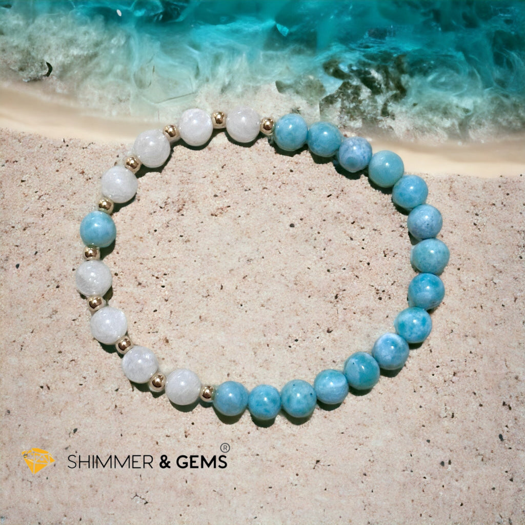 Larimar & Moonstone 6mm Bracelet with 14k gold filled (AAA Grade)