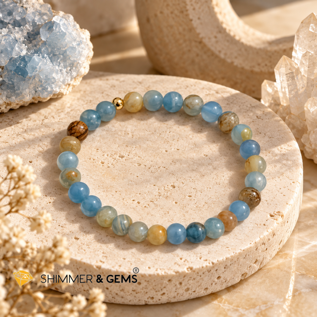 Lemurian Aquatine Blue Calcite (Argentina) 6mm with 14k gold filled bead Bracelet
