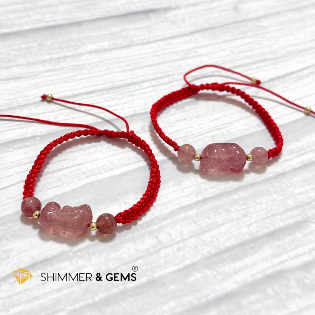 Lucky Wealth Pixiu Strawberry Quartz Red Woven Bracelet