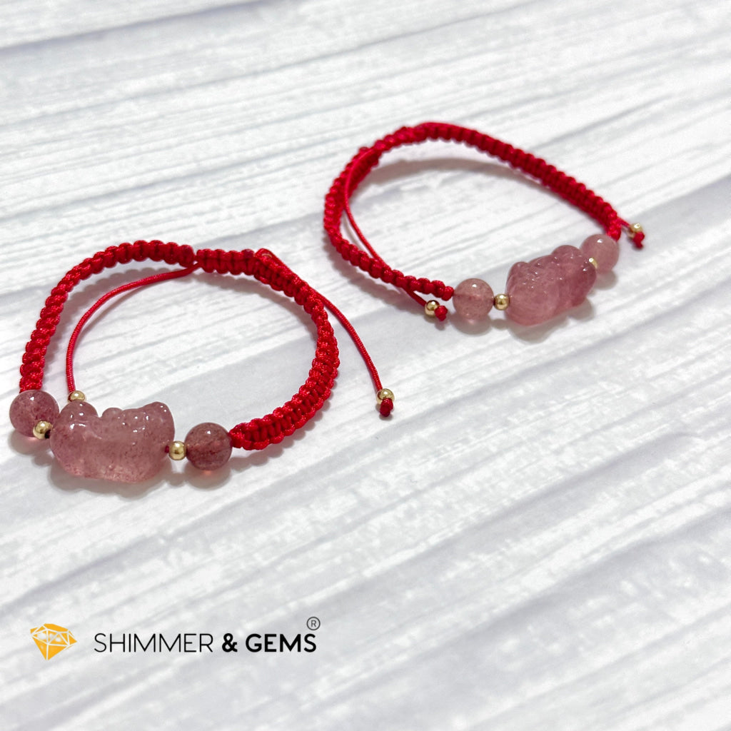 Lucky Wealth Pixiu Strawberry Quartz Red Woven Bracelet