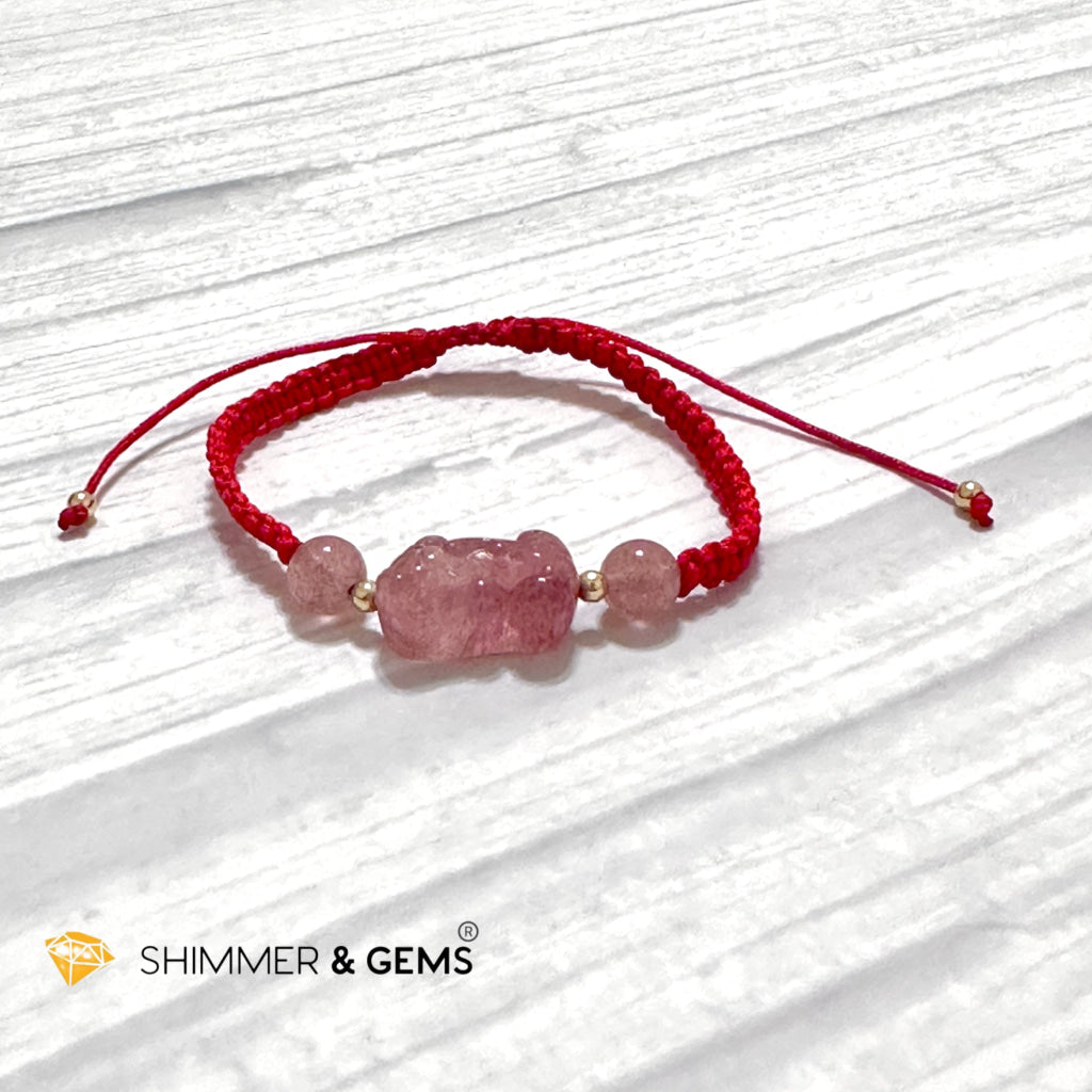 Lucky Wealth Pixiu Strawberry Quartz Red Woven Bracelet