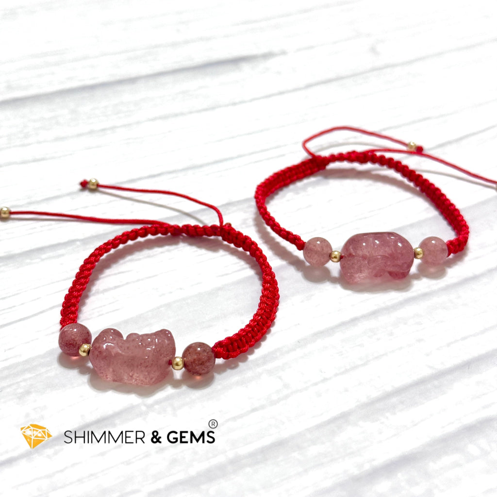 Lucky Wealth Pixiu Strawberry Quartz Red Woven Bracelet