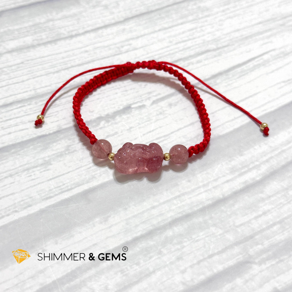Lucky Wealth Pixiu Strawberry Quartz Red Woven Bracelet
