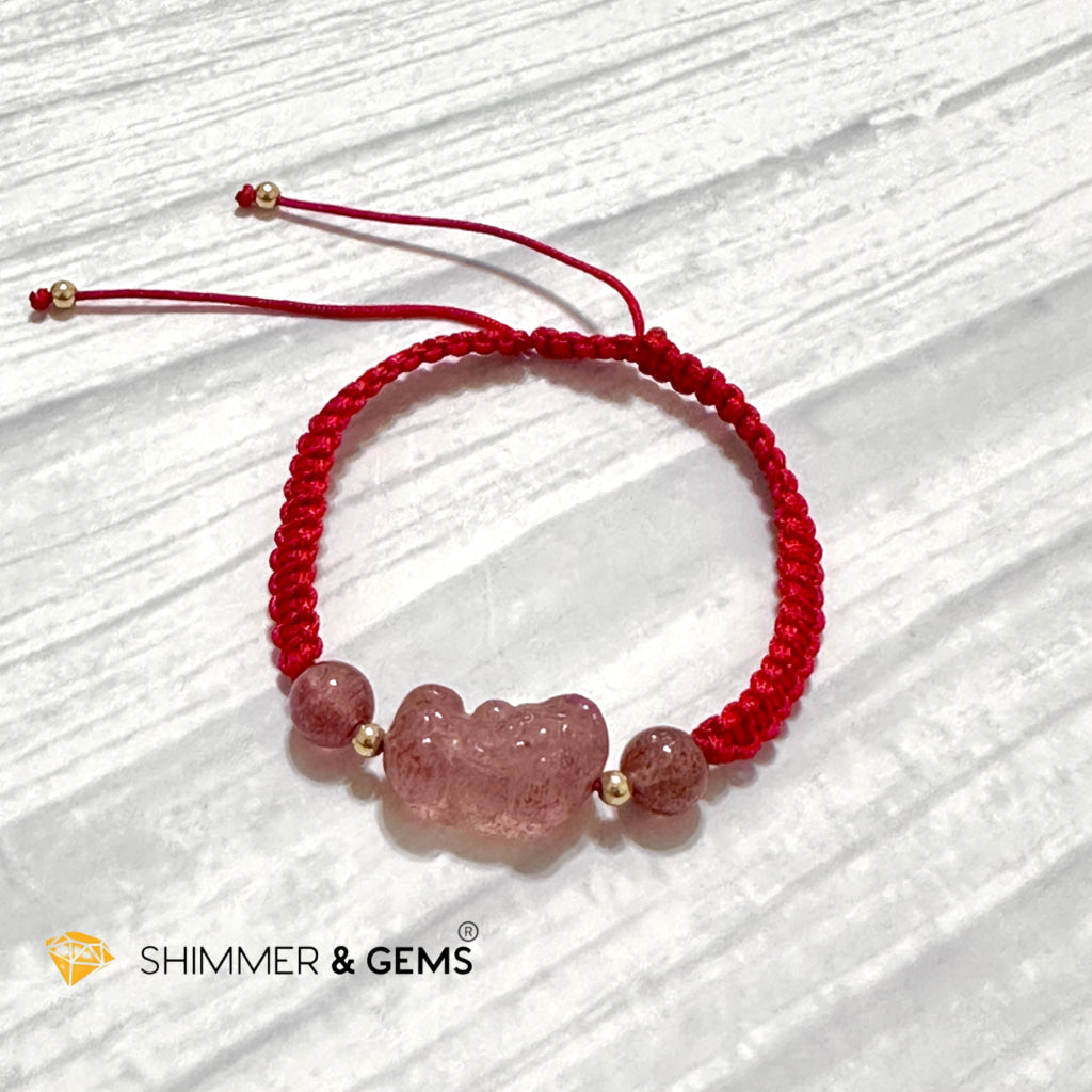Lucky Wealth Pixiu Strawberry Quartz Red Woven Bracelet