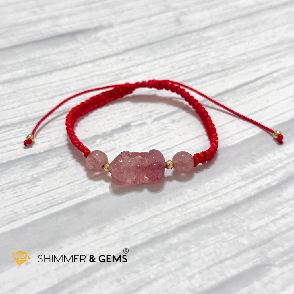 Lucky Wealth Pixiu Strawberry Quartz Red Woven Bracelet
