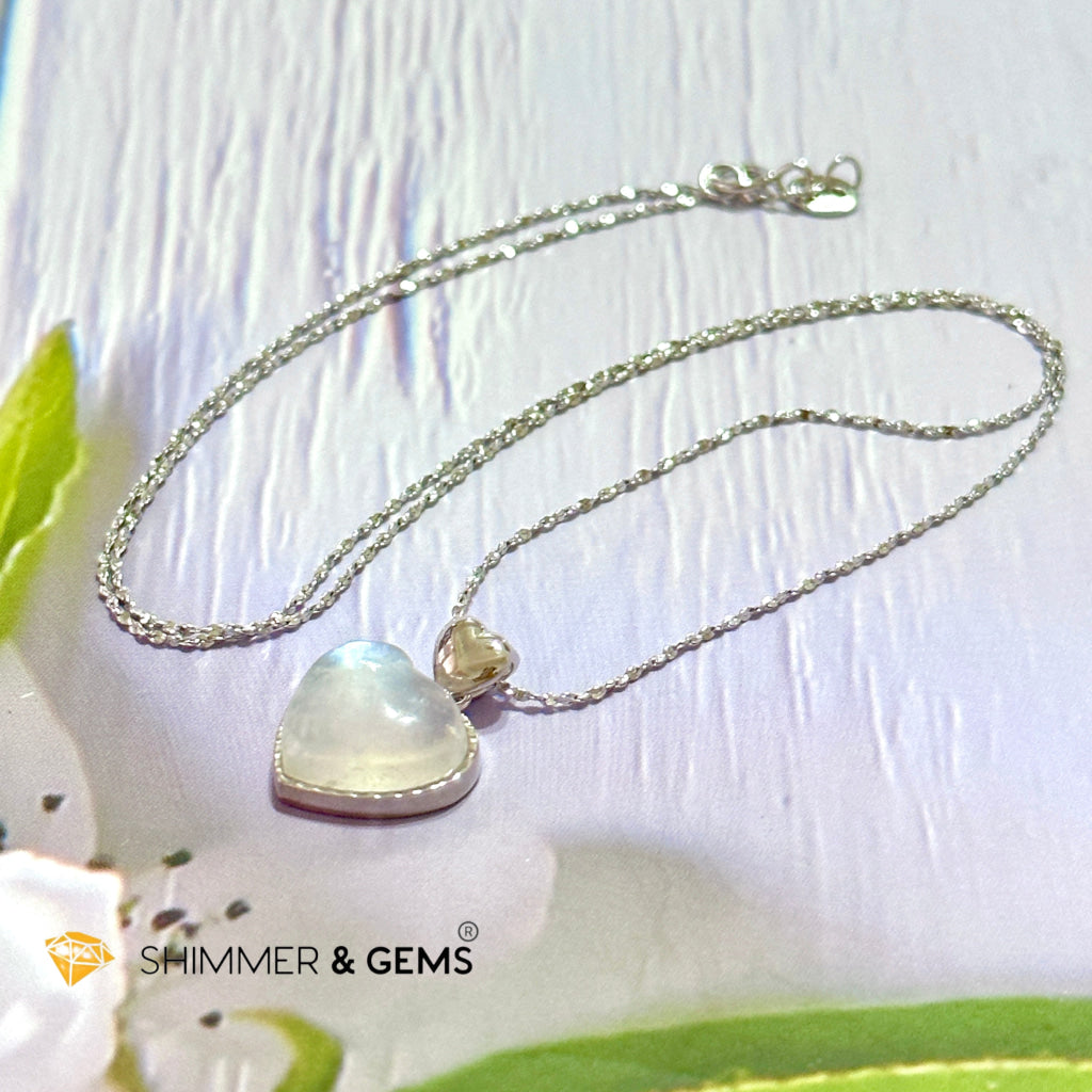 Moonstone Heart 925 Silver Pendant With Chain Charms & Pendants