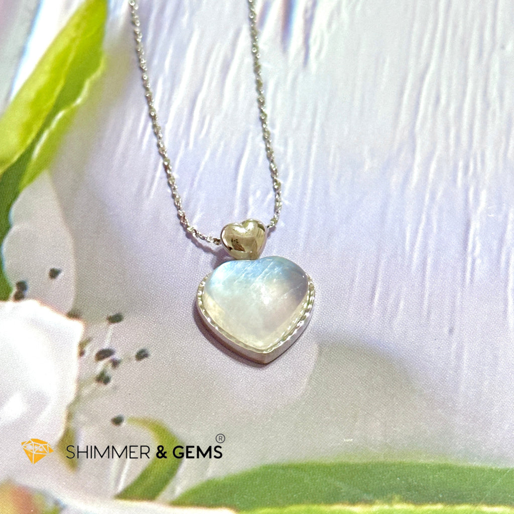 Moonstone Heart 925 Silver Pendant With Chain Charms & Pendants