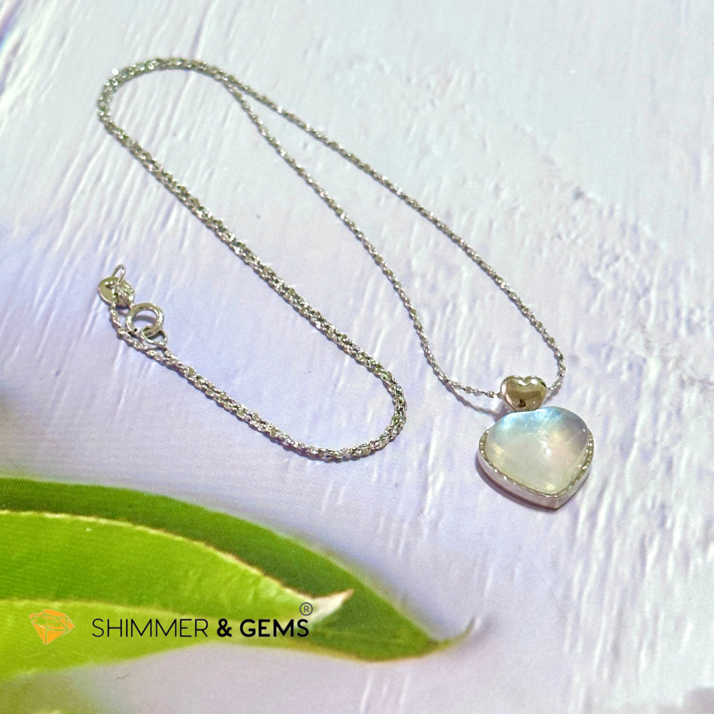 Moonstone Heart 925 Silver Pendant With Chain Charms & Pendants