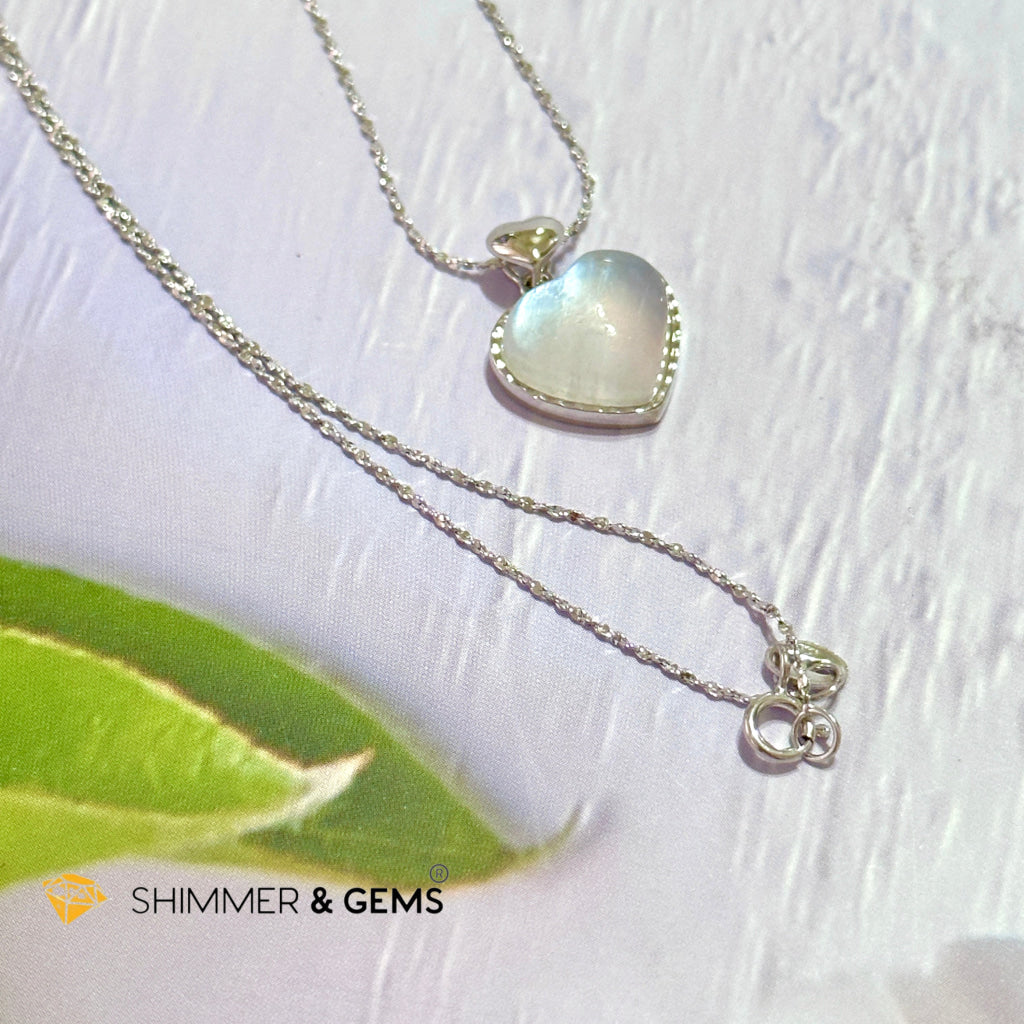 Moonstone Heart 925 Silver Pendant With Chain Charms & Pendants