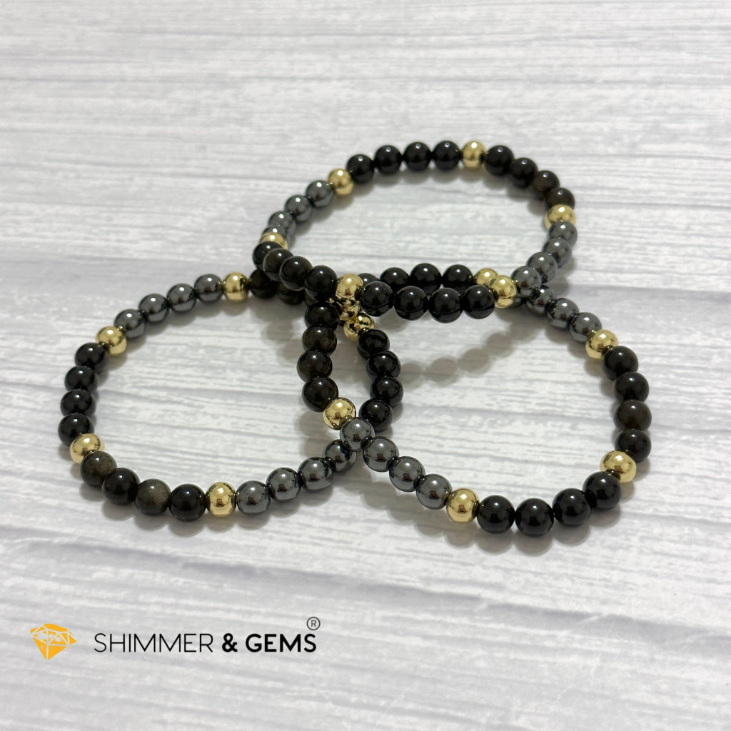 Multi Protection Remedy Bracelet (Black Tourmaline, Golden Sheen Obsidian, Hematite 6mm +14k gold filled)