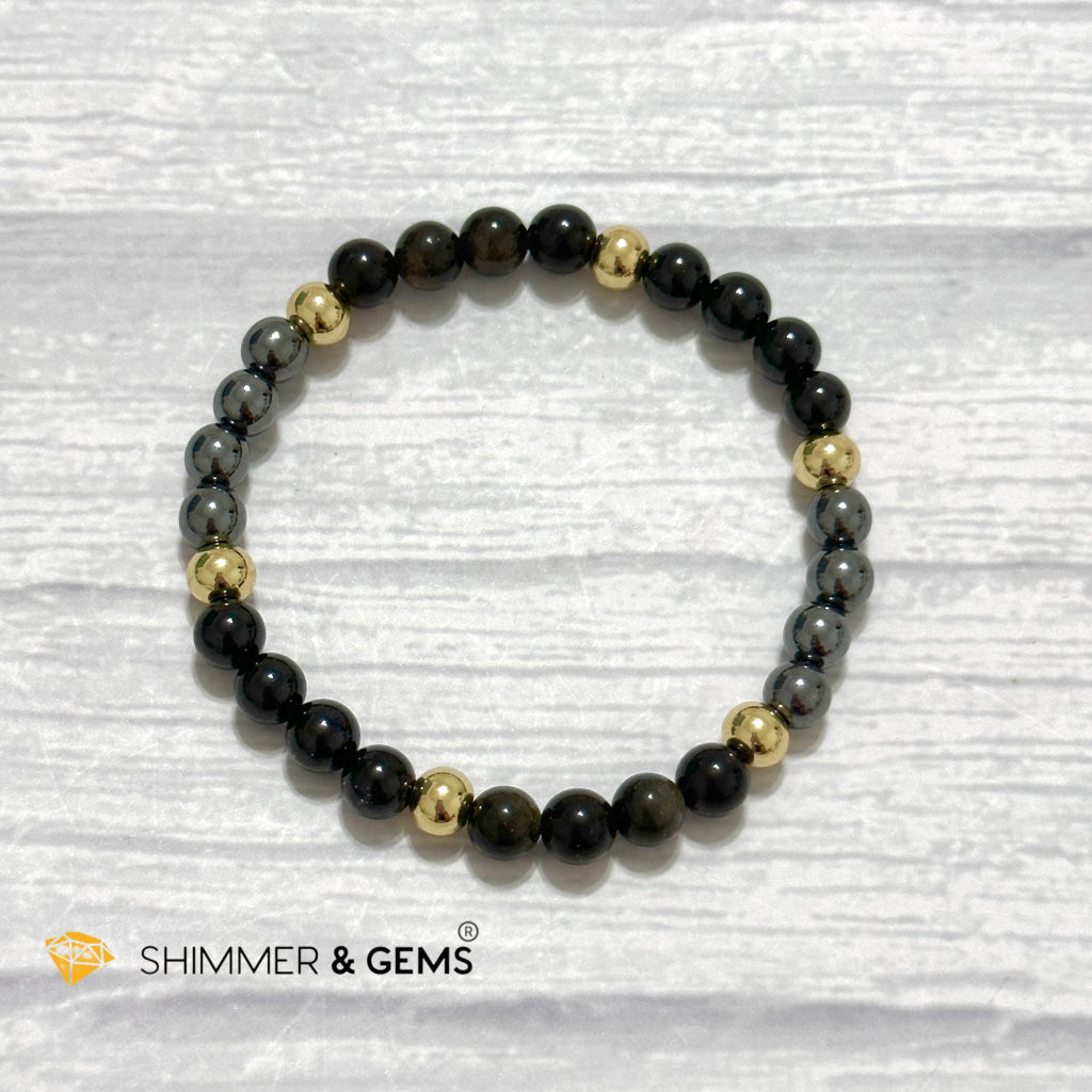 Multi Protection Remedy Bracelet (Black Tourmaline, Golden Sheen Obsidian, Hematite 6mm +14k gold filled)