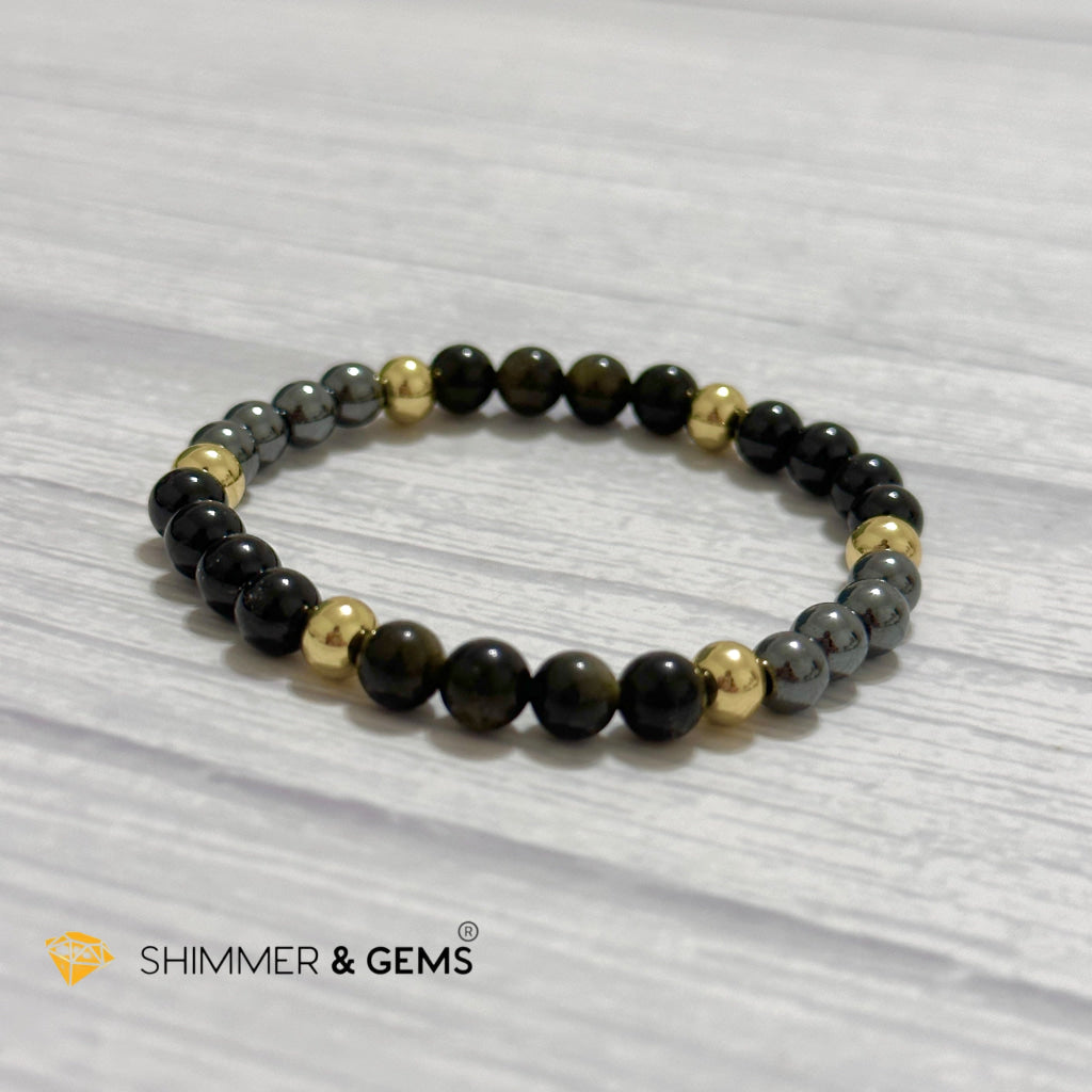 Multi Protection Remedy Bracelet (Black Tourmaline, Golden Sheen Obsidian, Hematite 6mm +14k gold filled)