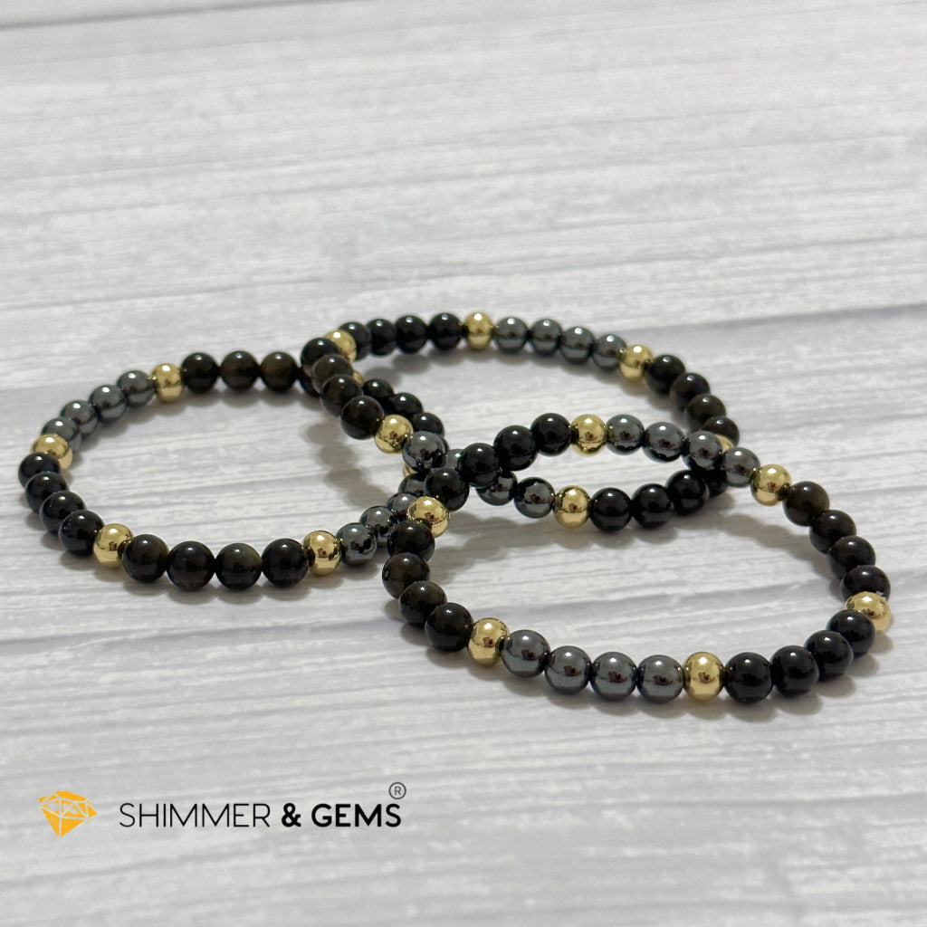 Multi Protection Remedy Bracelet (Black Tourmaline, Golden Sheen Obsidian, Hematite 6mm +14k gold filled)