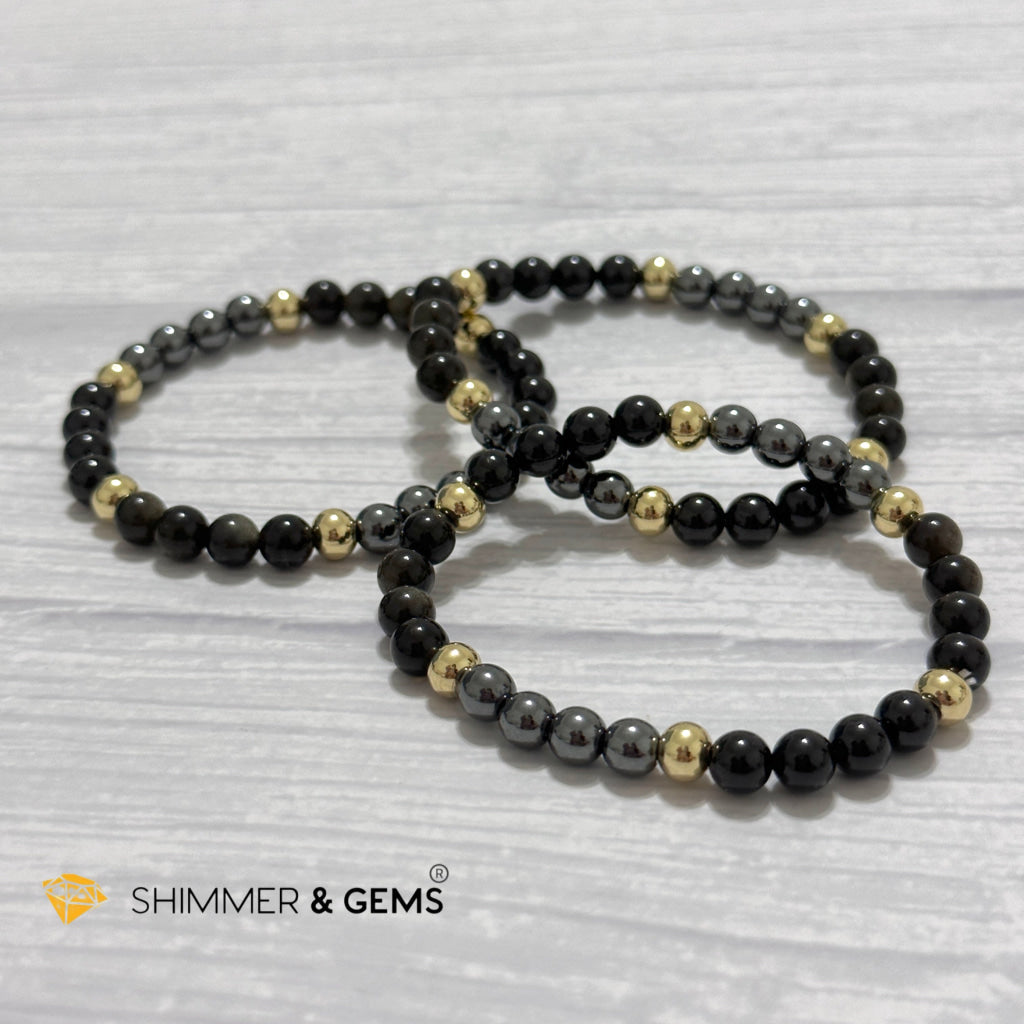 Multi Protection Remedy Bracelet (Black Tourmaline, Golden Sheen Obsidian, Hematite 6mm +14k gold filled)