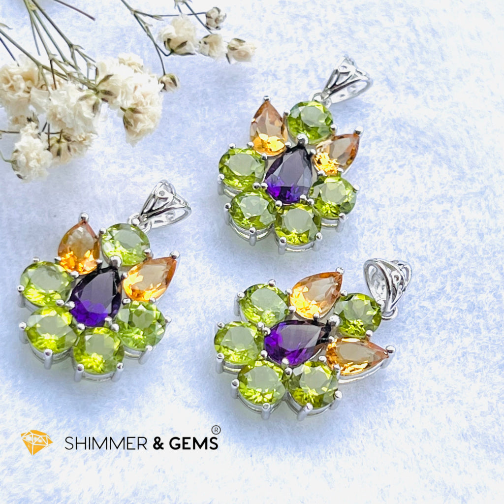 Peridot Fairy With Amethyst And Citrine Wings Pendant In 925 Silver (For Wealth) Charms & Pendants