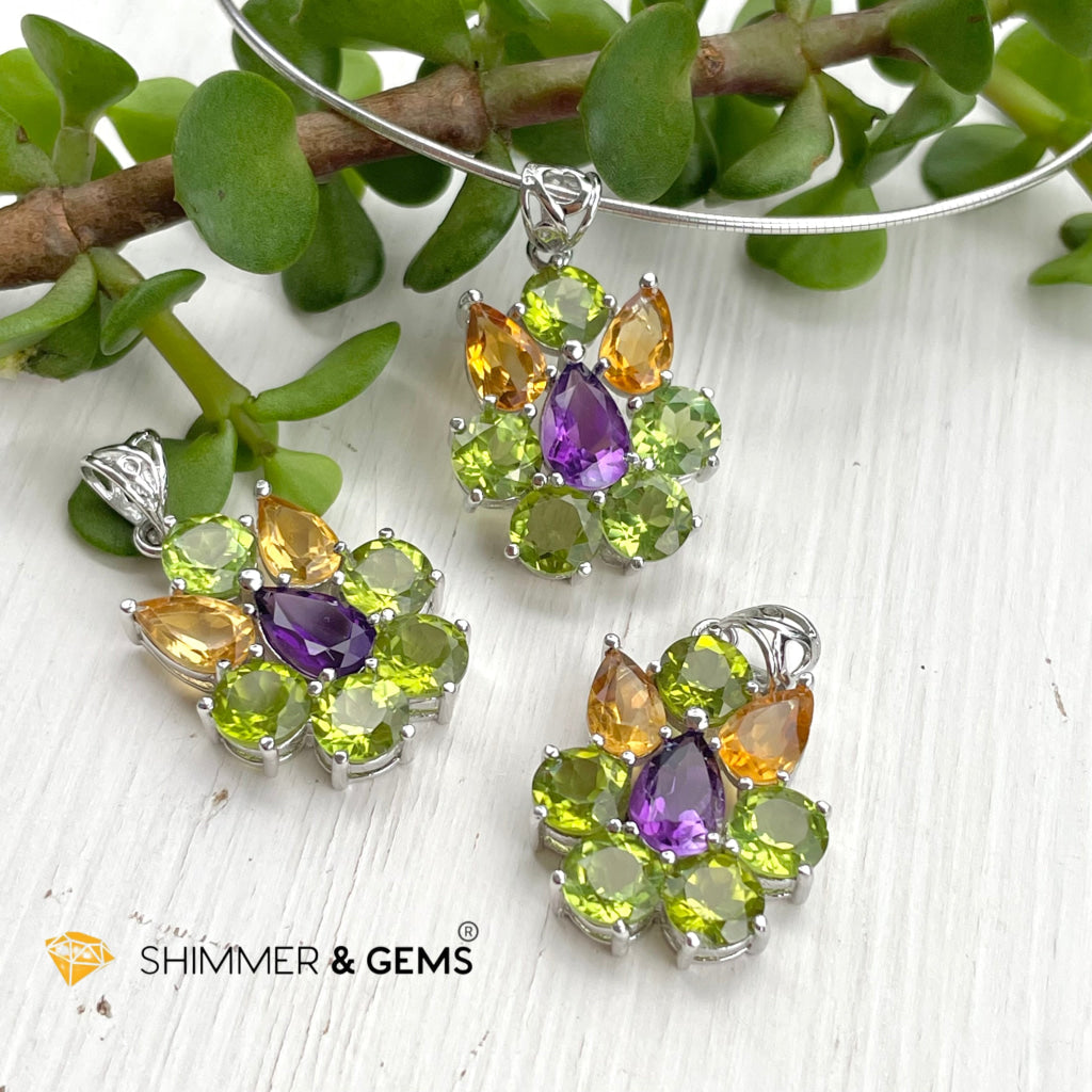 Peridot Fairy With Amethyst And Citrine Wings Pendant In 925 Silver (For Wealth) Charms & Pendants