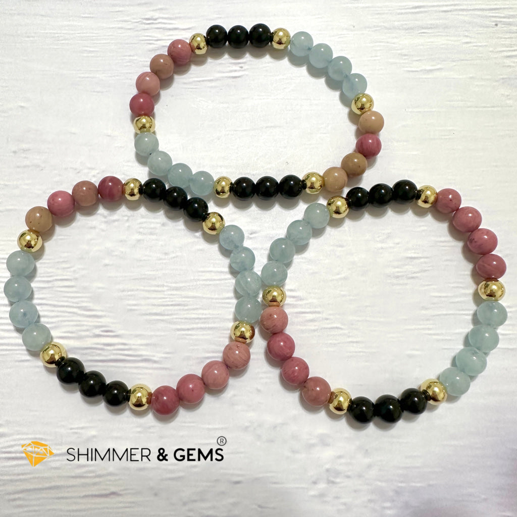 Pet Owner’s Remedy Bracelet (Rhodonite, Obsidian, Aquamarine 6mm with 14k gold filled beads)