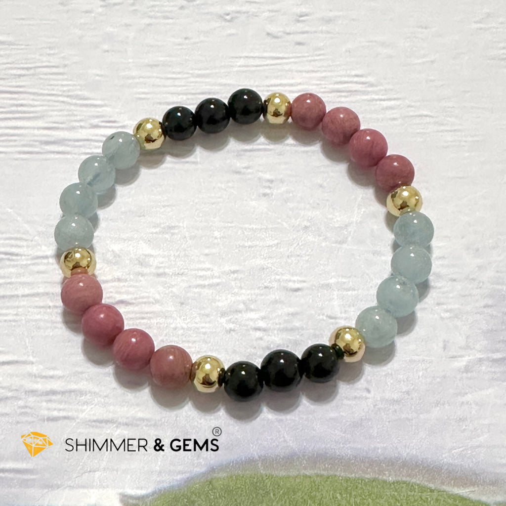 Pet Owner’s Remedy Bracelet (Rhodonite, Obsidian, Aquamarine 6mm with 14k gold filled beads)