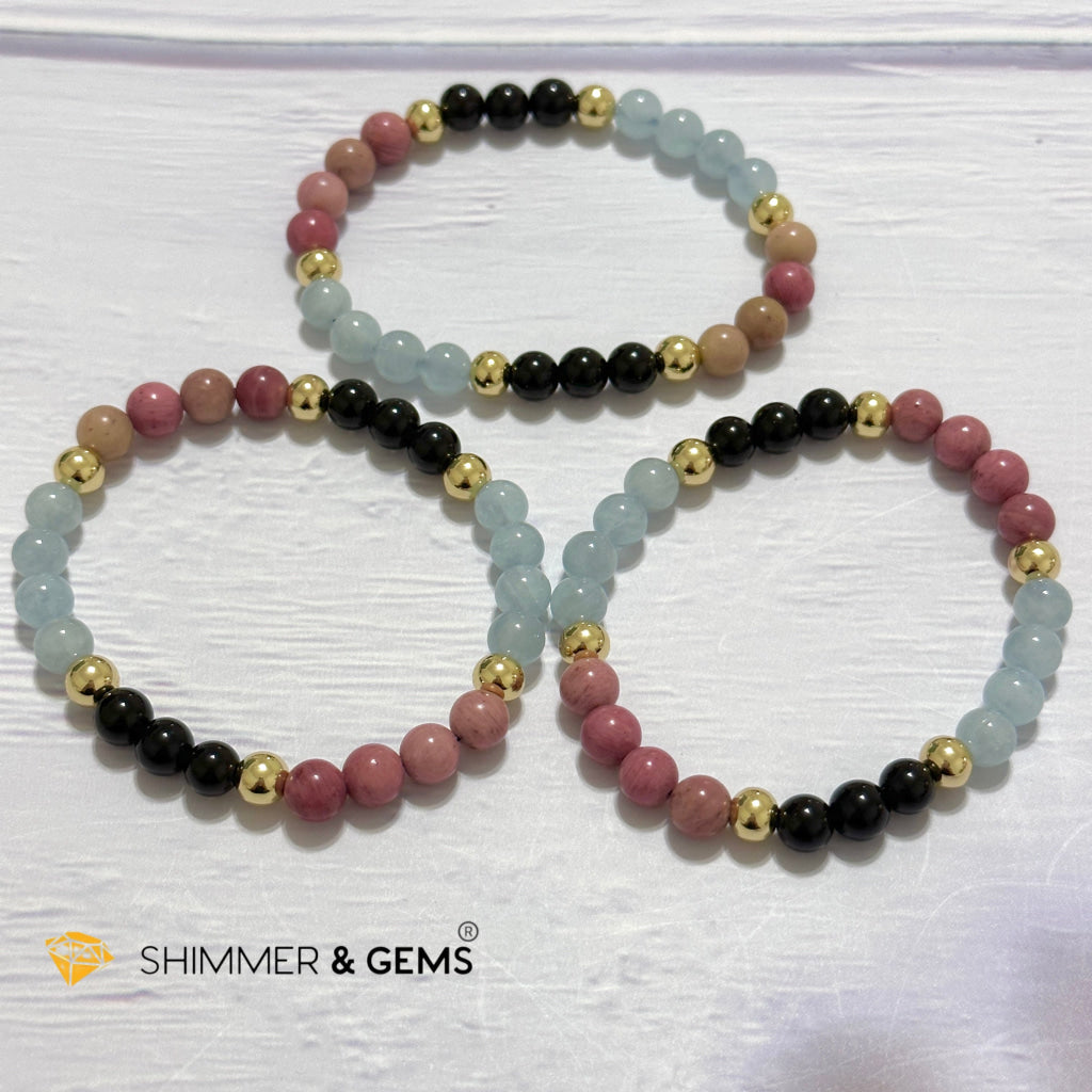 Pet Owner’s Remedy Bracelet (Rhodonite, Obsidian, Aquamarine 6mm with 14k gold filled beads)