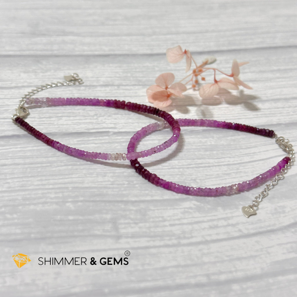 Pink Sapphire & Ruby 925 Silver Bracelet (2.5-3.5mm Rondelle) Adjustable