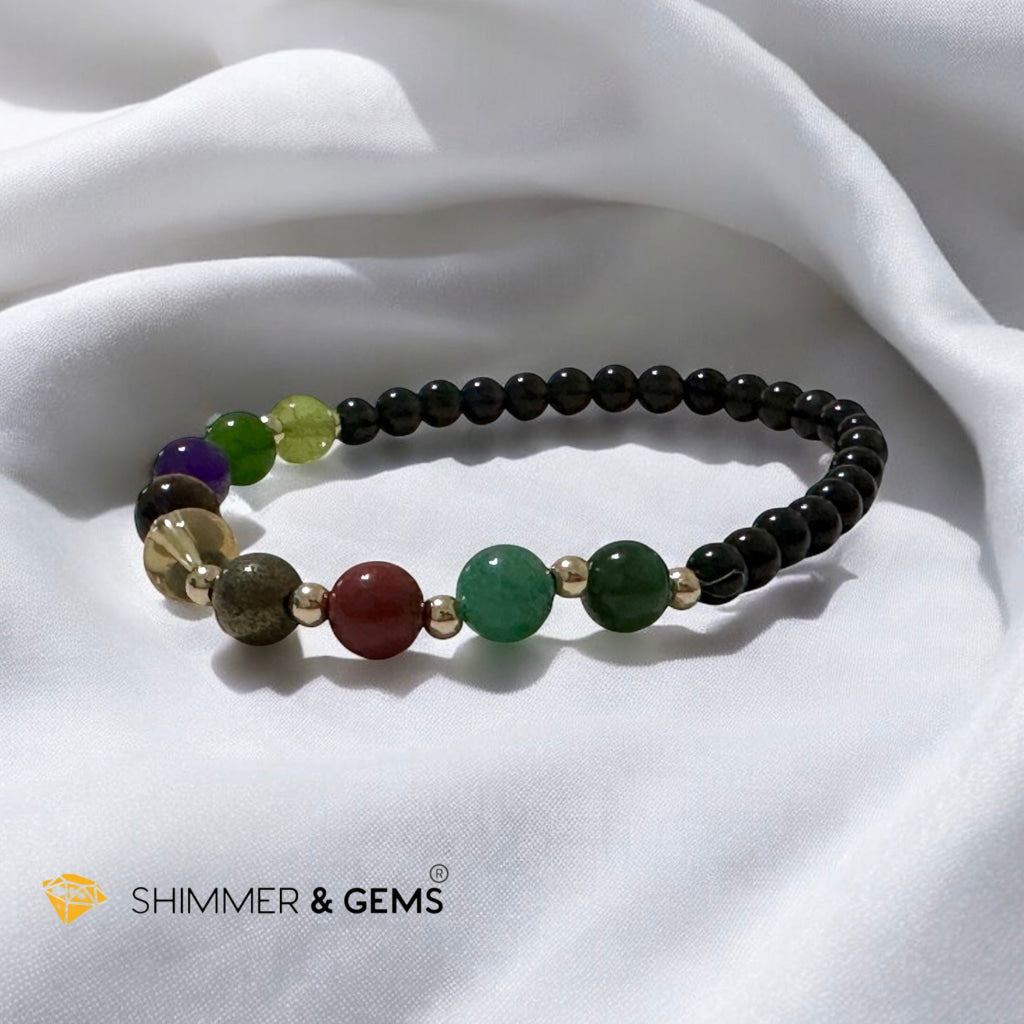 Power of 9, Ultimate Money Magnet Bracelet (Obsidian base with Moss Agate, Amazonite, Red Jasper, Pyrite, Citrine, Tiger’Eye, Amethyst, Taiwan Jade, Peridot & 14K Gold-Filled Beads)