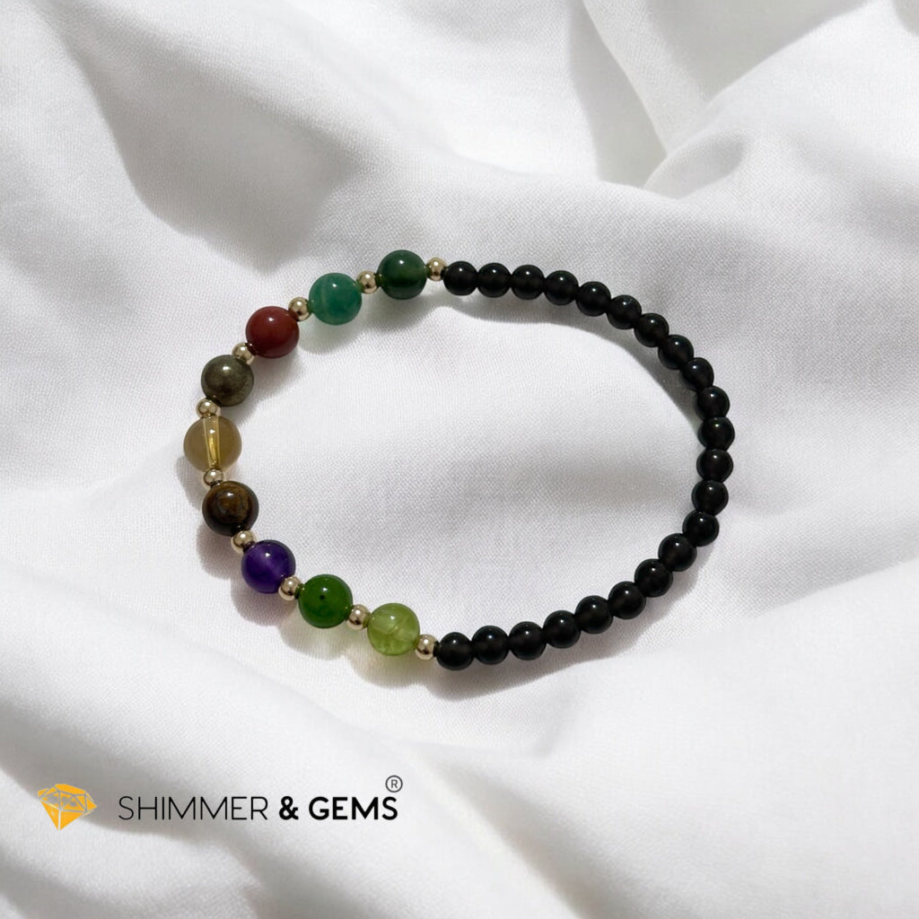 Power of 9, Ultimate Money Magnet Bracelet (Obsidian base with Moss Agate, Amazonite, Red Jasper, Pyrite, Citrine, Tiger’Eye, Amethyst, Taiwan Jade, Peridot & 14K Gold-Filled Beads)