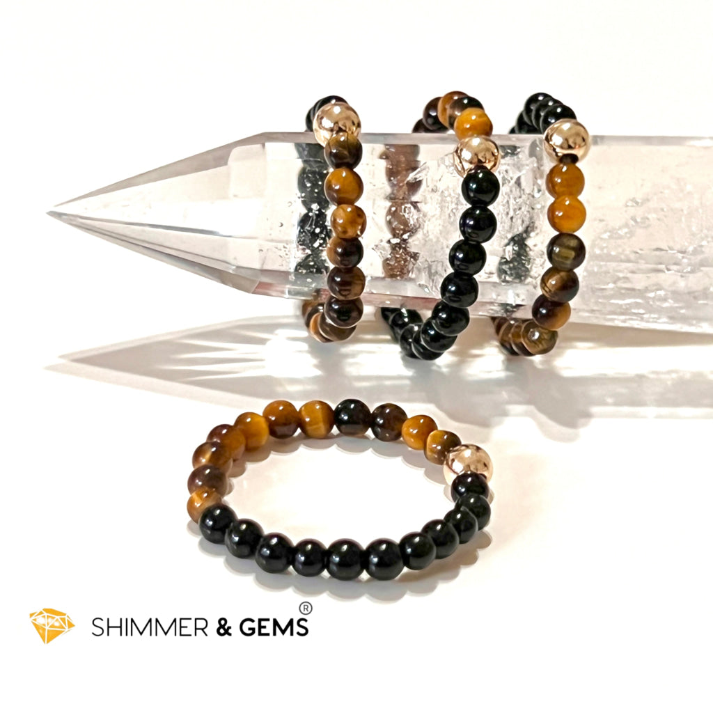 Protection Beads Ring With 14K Gold Filled Bead (Tigers Eye & Black Agate) Per Piece Rings