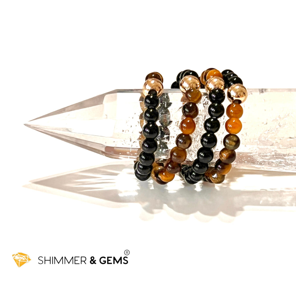Protection Beads Ring With 14K Gold Filled Bead (Tigers Eye & Black Agate) Per Piece Rings