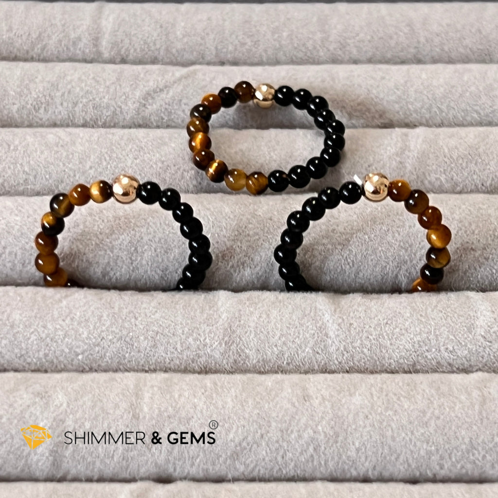 Protection Beads Ring With 14K Gold Filled Bead (Tigers Eye & Black Agate) Per Piece Rings