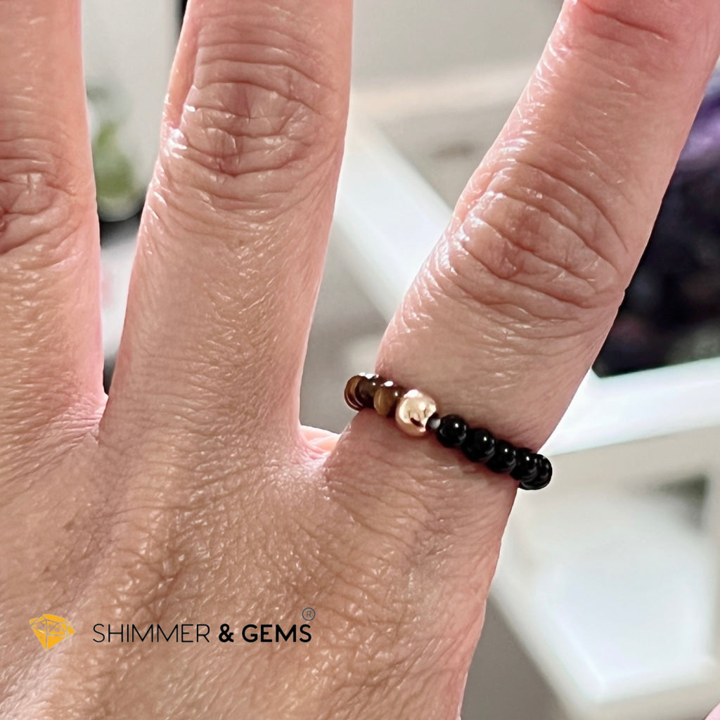 Protection Beads Ring With 14K Gold Filled Bead (Tigers Eye & Black Agate) Per Piece Rings