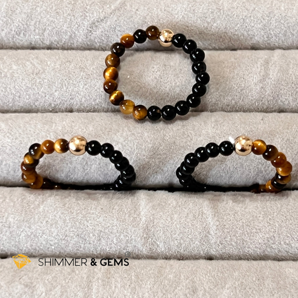 Protection Beads Ring With 14K Gold Filled Bead (Tigers Eye & Black Agate) Per Piece Rings