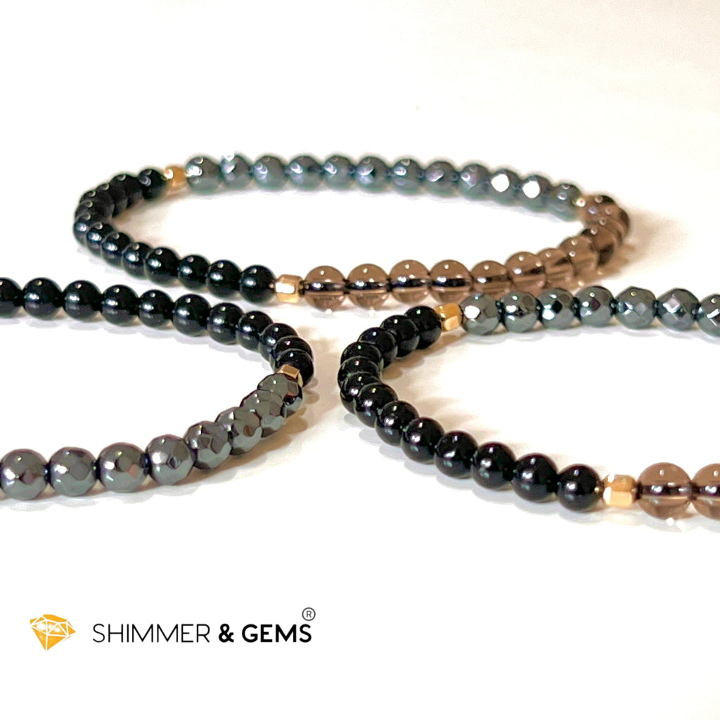 Protection Bracelet 4Mm With 14K Gold Filled Beads ( Black Tourmaline Smoky Quartz & Hematite)